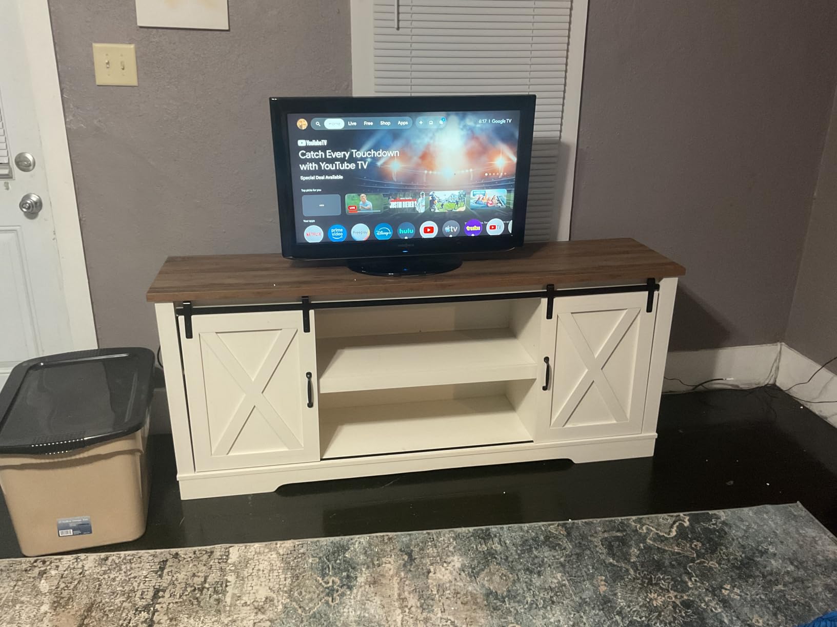 AMERLIFE 4-Piece Farmhouse Table Set Includes Sliding Barn Door TV Stand, Coffee Table and Two End Tables, Side Table with Charging Station and USB Ports, for Living Room, Dark Oak, 66