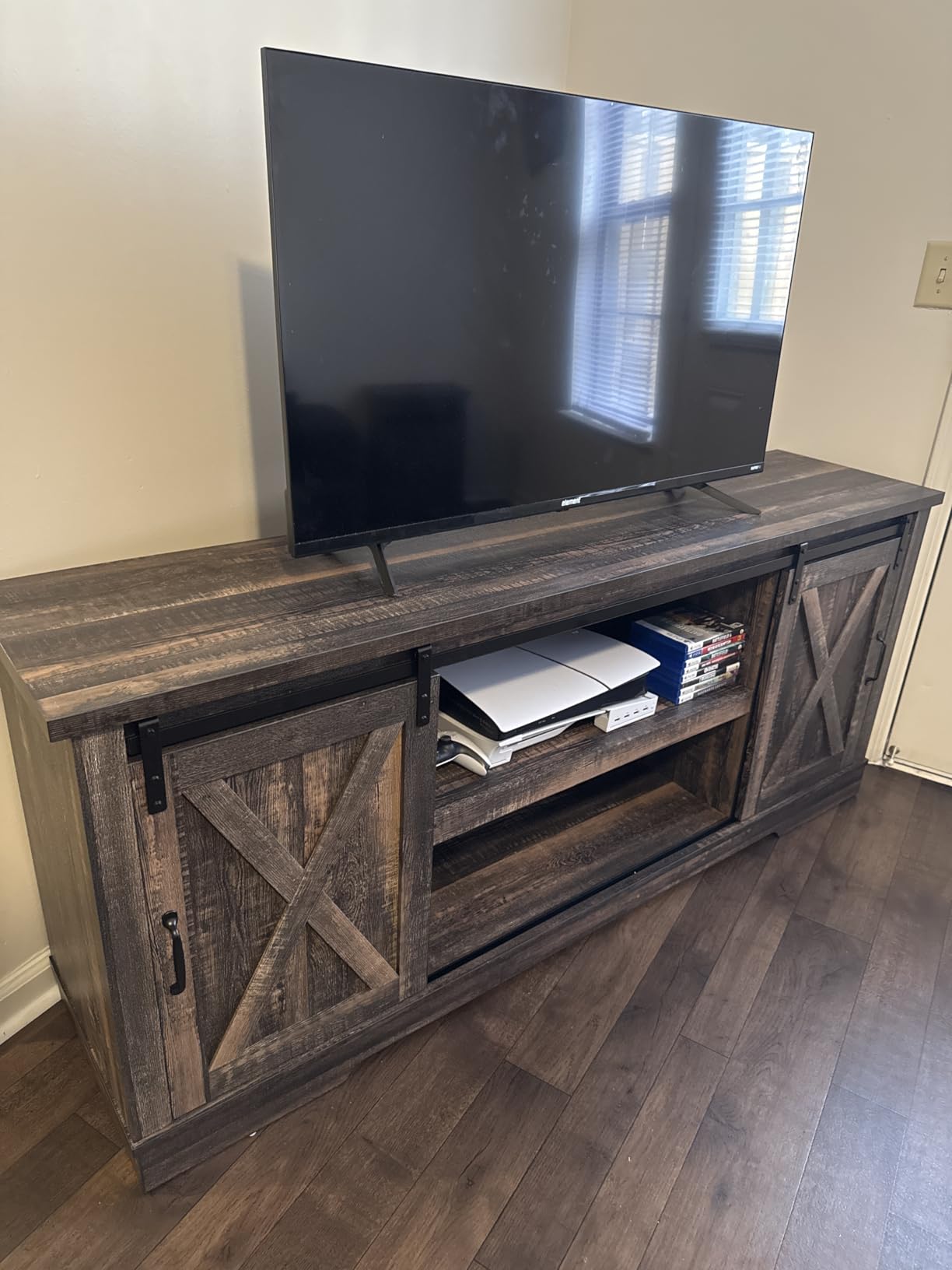 AMERLIFE 4-Piece Farmhouse Table Set Includes Sliding Barn Door TV Stand, Coffee Table and Two End Tables, Side Table with Charging Station and USB Ports, for Living Room, Dark Oak, 66