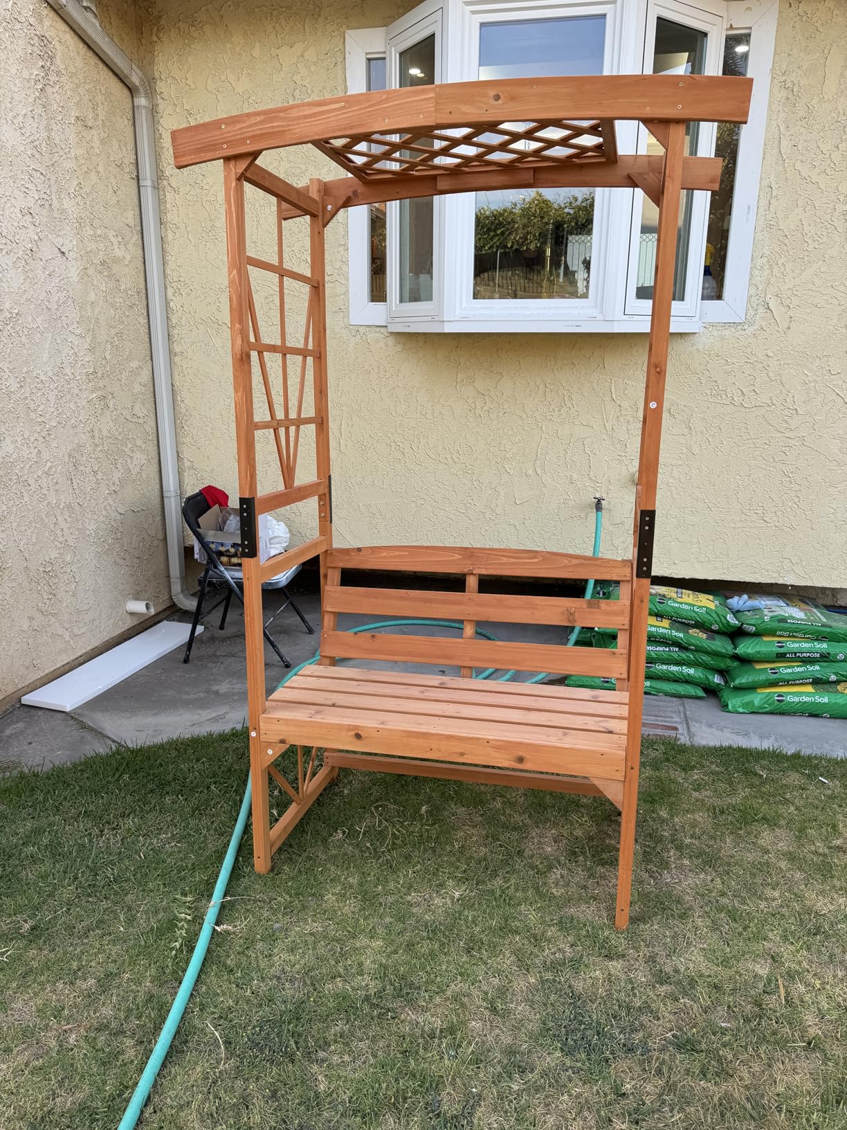 HAPPYGRILL Patio Garden Arbor with Bench, Wooden Garden Arch w/Pergola & 2 Trellises for Climbing Plants Vines Grapes, 48