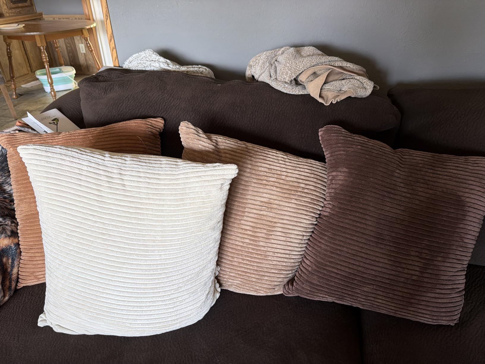 LANANAS Neutral Couch Throw Pillow Covers 18x18 Inch Set of 4 Decorative Farmhouse Boho Throw Pillows for Living Room, Couch, Bed, Sofa Soft Corduroy Accent Home Decor (Neutral Brown, 18x18 Inch) customer photo 2