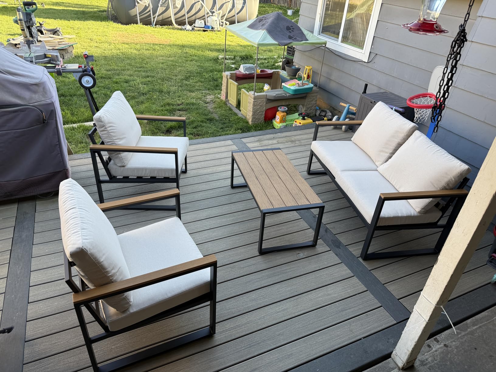 Patio Furniture Set, 4 Pieces Outdoor Patio Furniture with Coffee Table Set, Metal Patio Conversation Sets with Washable and High-Resiliency Sponge Cushions, Upgraded Beige customer photo 2