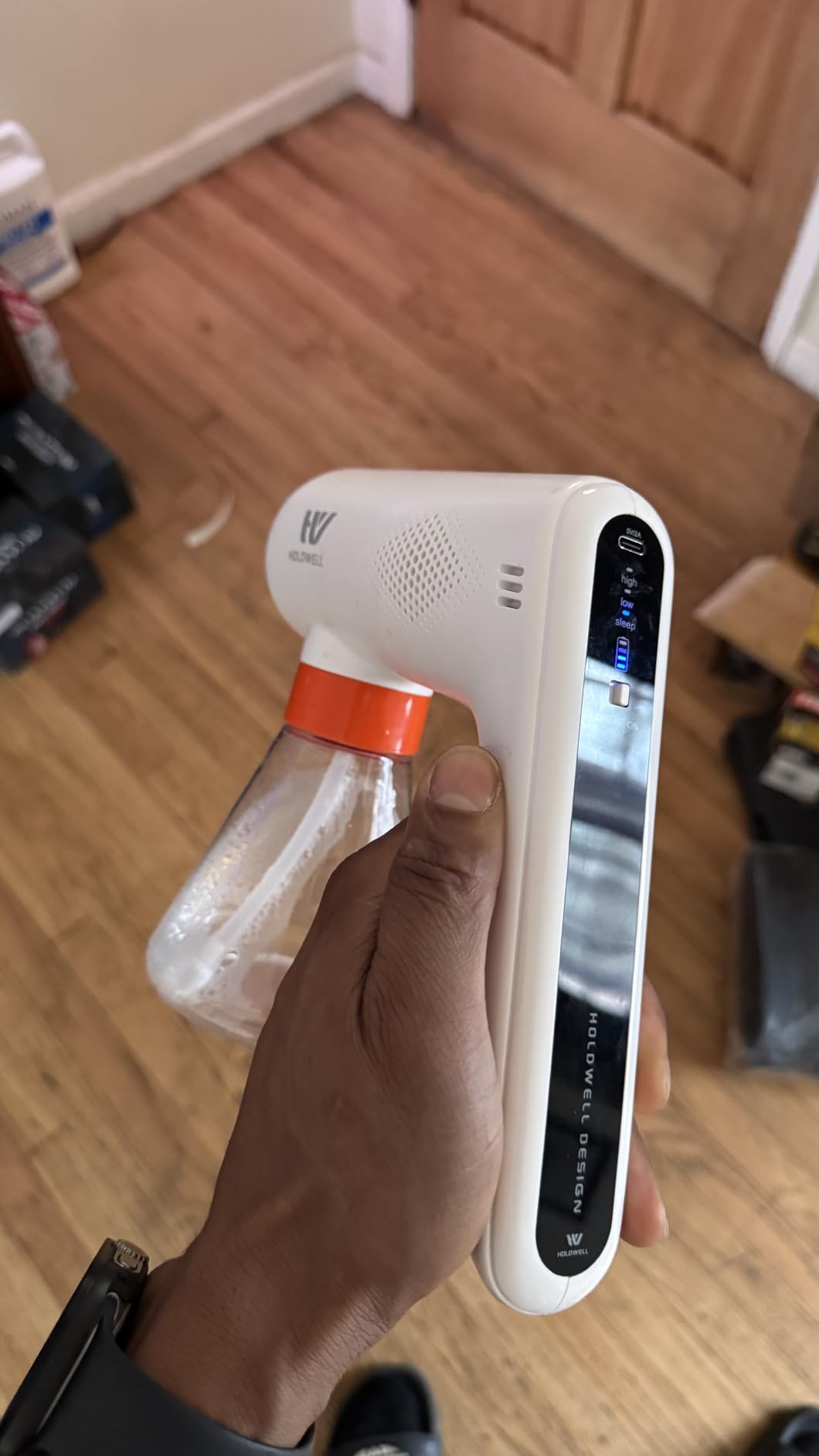Cordless Electric Disinfection Fogger, Detachable Stainless Steel Nozzle, 3-Gear Adjustable 14.2oz Sanitizer Atomizer, Blue Light Nano Spray Gun for Place Cleaning/High-Touch Item Contactless Sanitization customer photo 1