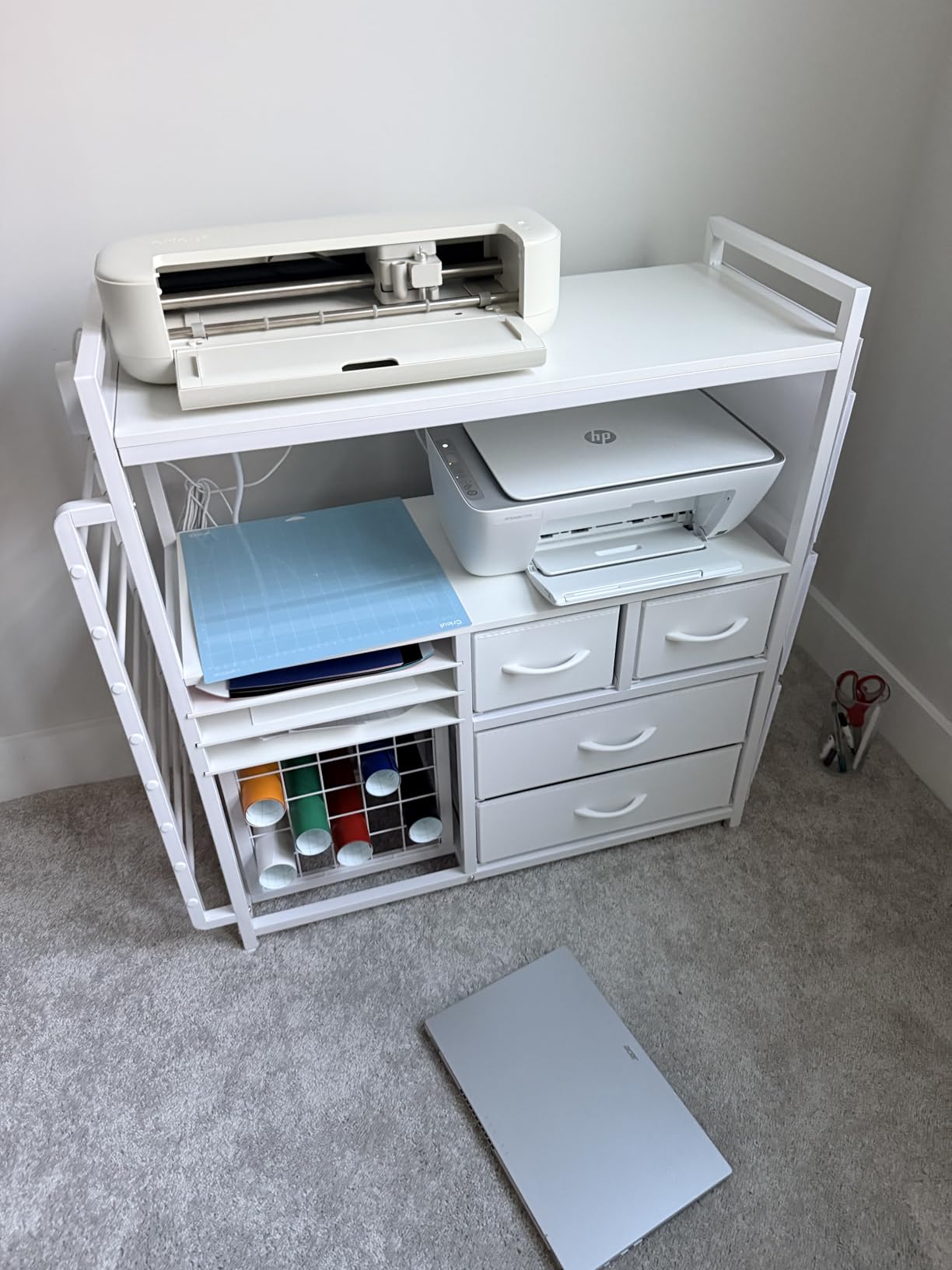 VENNQD Large Craft Organizer and Storage Rolling Cart Compatible with Cricut Machine with Fabric Drawers Vinyl Roll Holder Accessories for Home Craft Workstation Room (White) customer photo 1