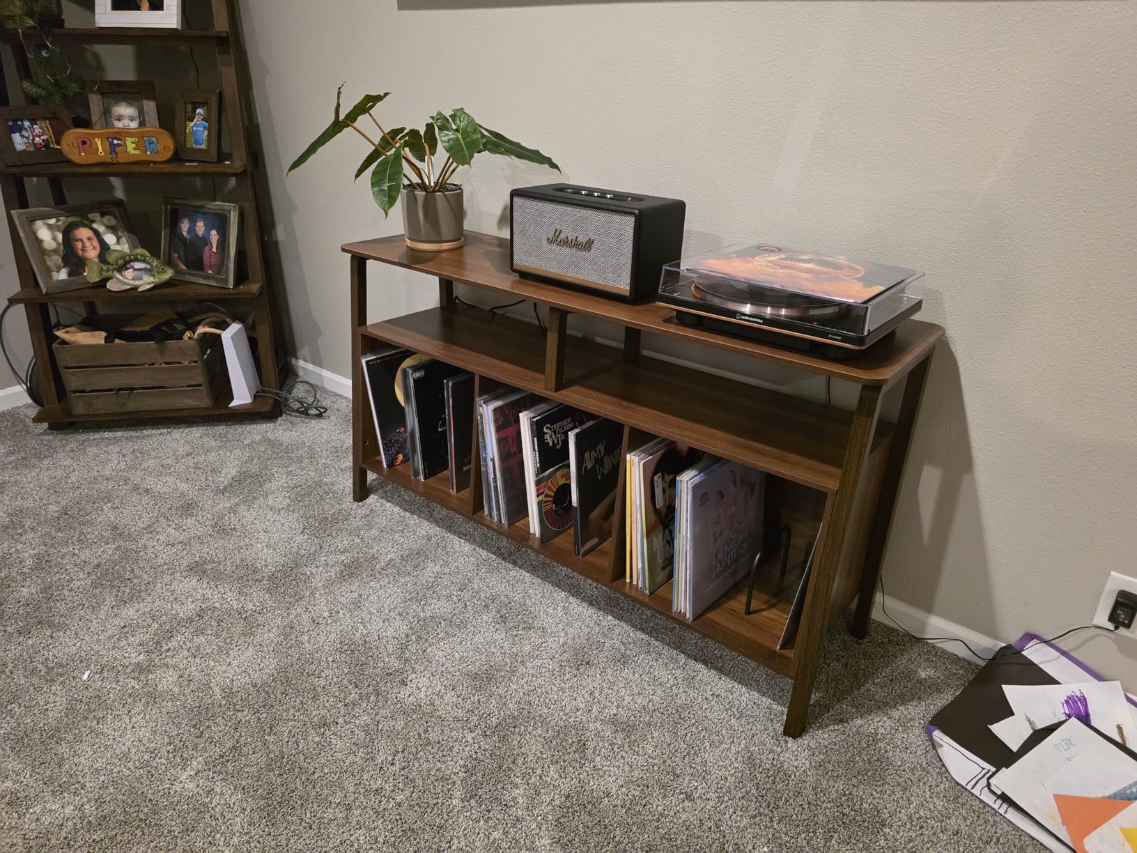 Large Record Player Stand, Mid Century Turntable Stand Table with Open Storage Holds up to 450 Albums, Vinyl Record Storage Display Shelf for Living Room Bedroom (55.12'' Walnut) customer photo 2