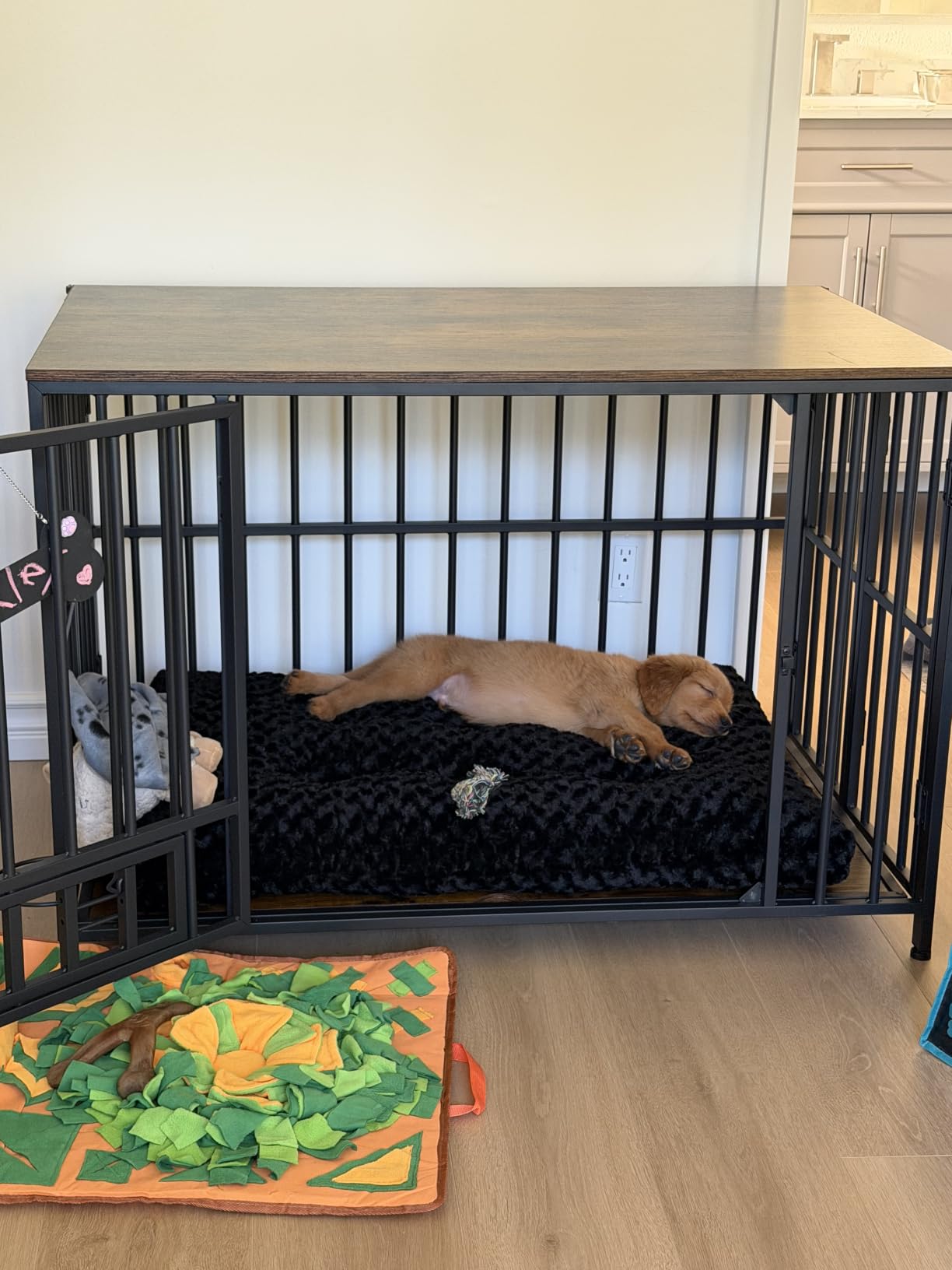 Easycom Dog Crate Furniture Foldable, No Assembly Decorative Dog Kennel Indoor, Dog Crates for Large Dogs(35-60 lb), Wooden Dog Cage with Adjustable Bowls and Name Tag, End Table, Rustic Brown customer photo 1