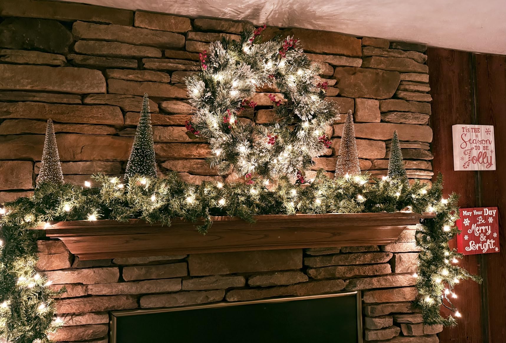 National Tree Company 24 in Pre-Lit Wintry Pine Artificial Christmas Wreath, Christmas Decoration with Pinecones, Red Berries, Snowy Bristle, 50 Clear Lights, 113 Tips, Green customer photo 2