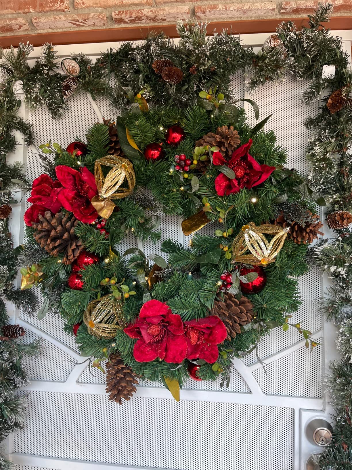 [30 Inch Artificial Christmas Wreath] - Red Magnolia Collection - Red and Gold Decoration - Pre Lit with 50 Warm Clear Colored LED Mini Lights - Includes Remote Controlled Battery Powered Timer customer photo 1