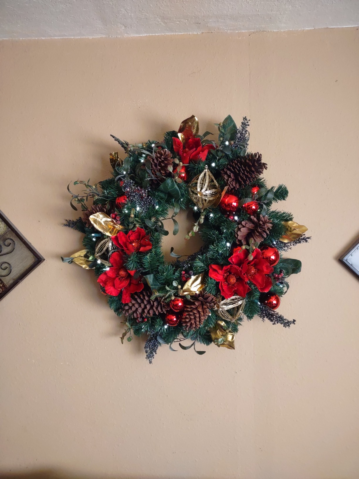 [30 Inch Artificial Christmas Wreath] - Red Magnolia Collection - Red and Gold Decoration - Pre Lit with 50 Warm Clear Colored LED Mini Lights - Includes Remote Controlled Battery Powered Timer customer photo 2