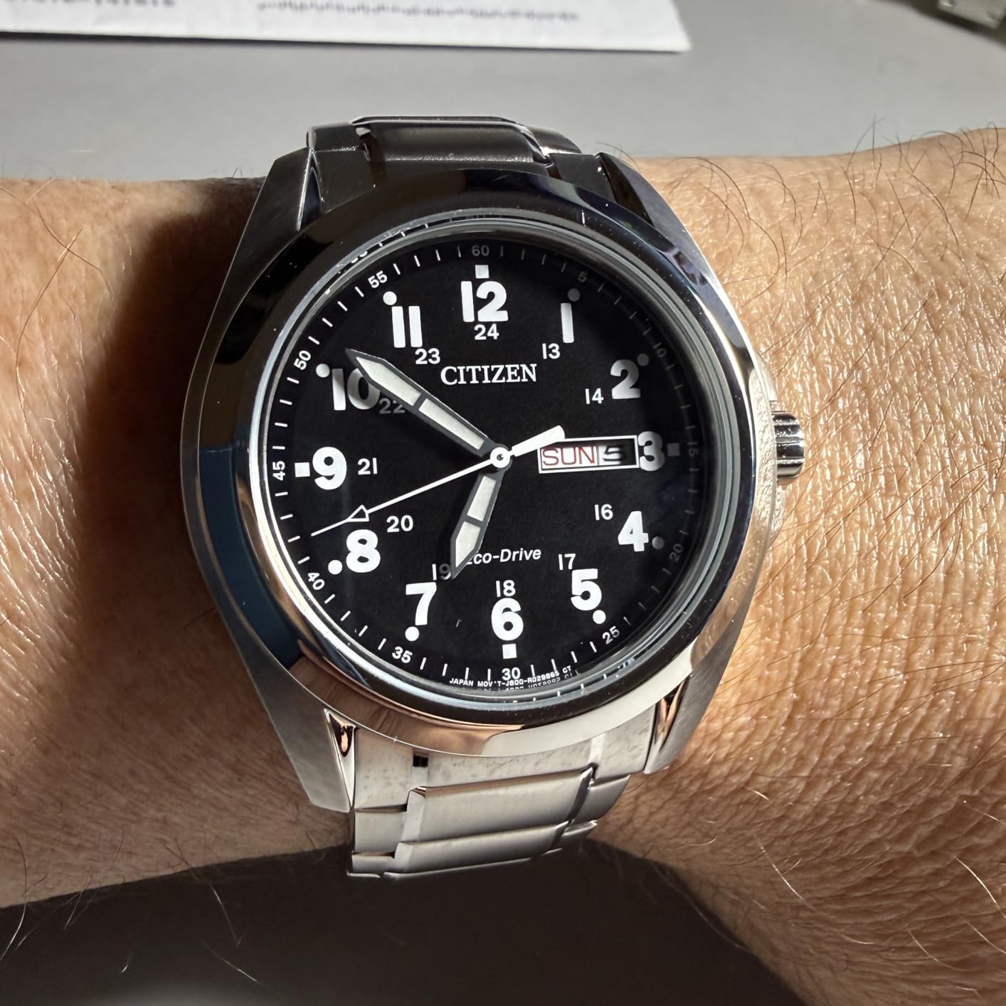 Citizen Men's Eco-Drive Weekender Garrison Field Watch in Stainless Steel, Black Dial, Arabic Markers, Luminous, 43mm (Model: AW0050-82E) customer photo 2