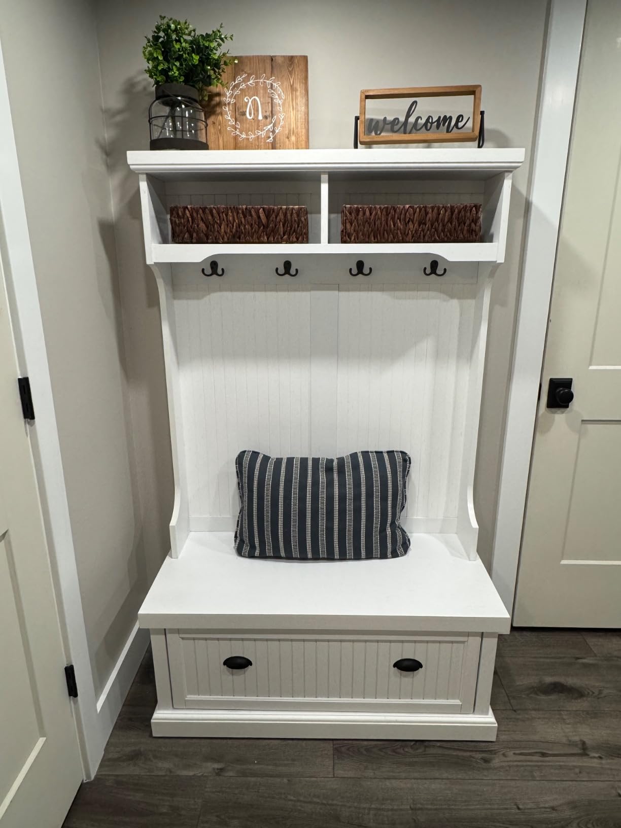 Crosley Furniture Seaside Hall Tree with Shoe Rack Bench and Coat Hooks for Hanging Storage, Distressed White customer photo 2