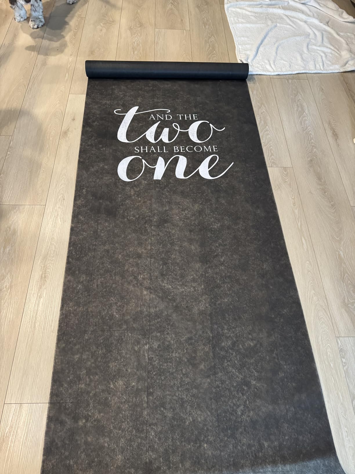 Fun Express Black Wedding Aisle Runner | 100 Feet Long x 3 Feet Wide, Premium Polyester Material, Indoor & Outdoor Weddings, White Text customer photo 1