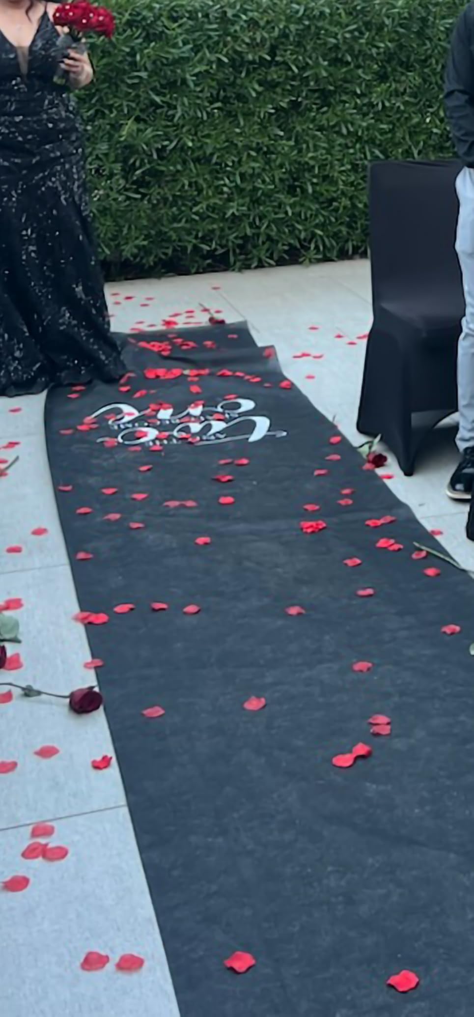 Fun Express Black Wedding Aisle Runner | 100 Feet Long x 3 Feet Wide, Premium Polyester Material, Indoor & Outdoor Weddings, White Text customer photo 2