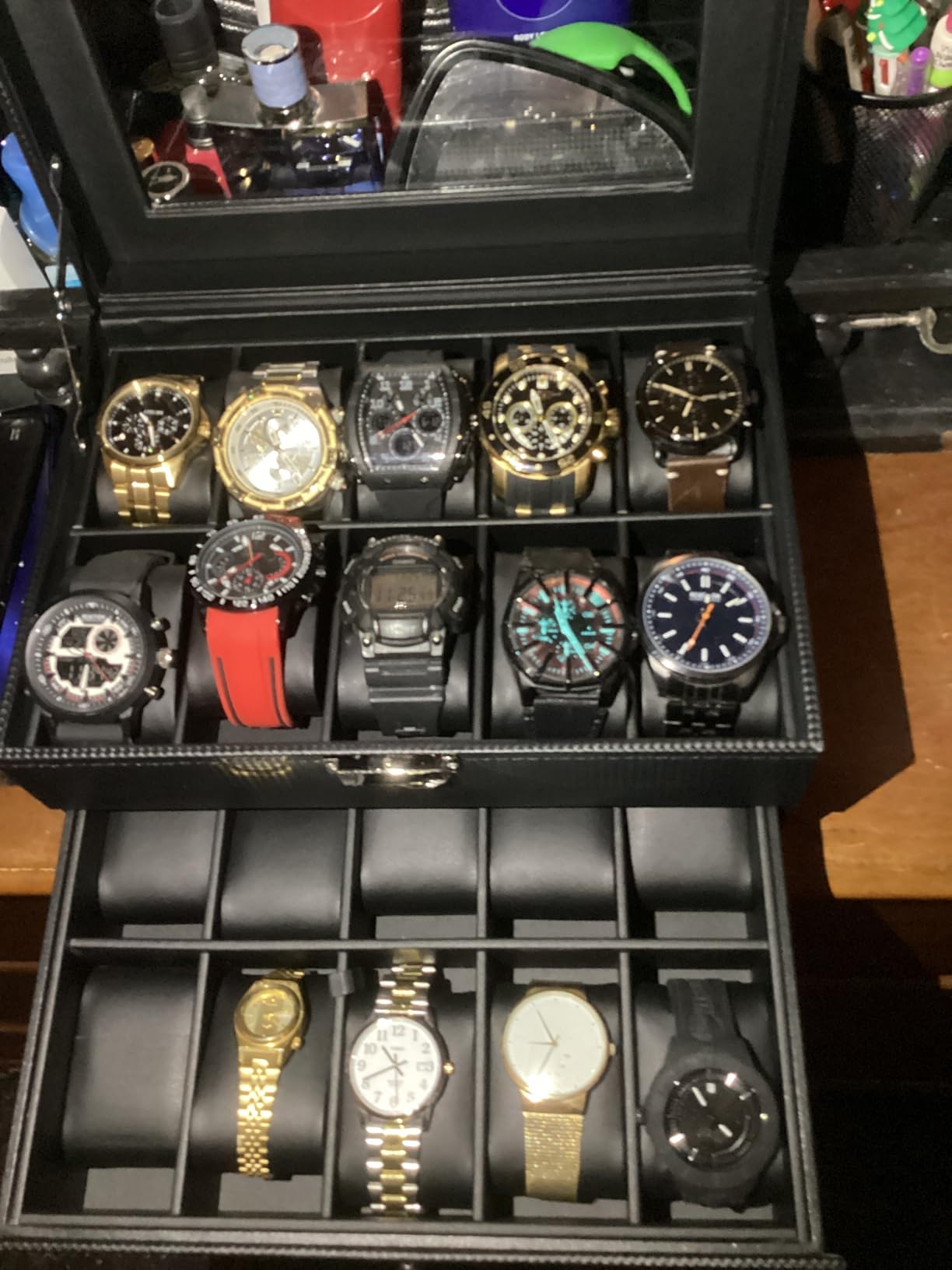 BEWISHOME Watch Box, 20-Slot Watch Cases for Men with Large Glass Lid, Removable Watch Pillows, Synthetic Leather, Watch Display Case, Black SSH04B customer photo 1