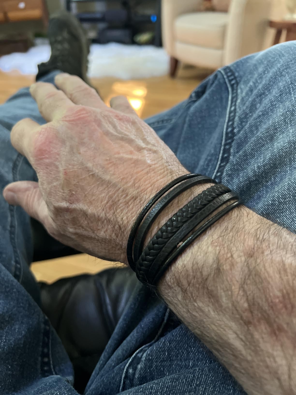 Mens Leather Bracelet with Clasp Cowhide Multi-Layer Braided Leather Mens Bracelet customer photo 1