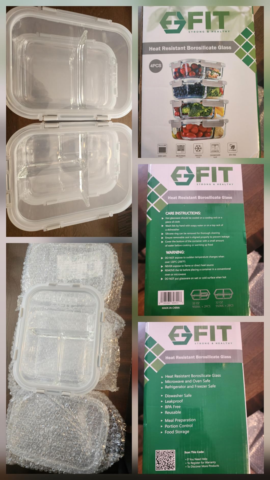 FIT Strong & Healthy Glass Meal Prep Containers, 2 & 3 Compartments - Portion Control, Lunch Container Set, Food Storage, Airtight Lids, Oven & Freezer Safe, Leak-Proof Bento Box, 32 oz, Blue, 4 Pack customer photo 2