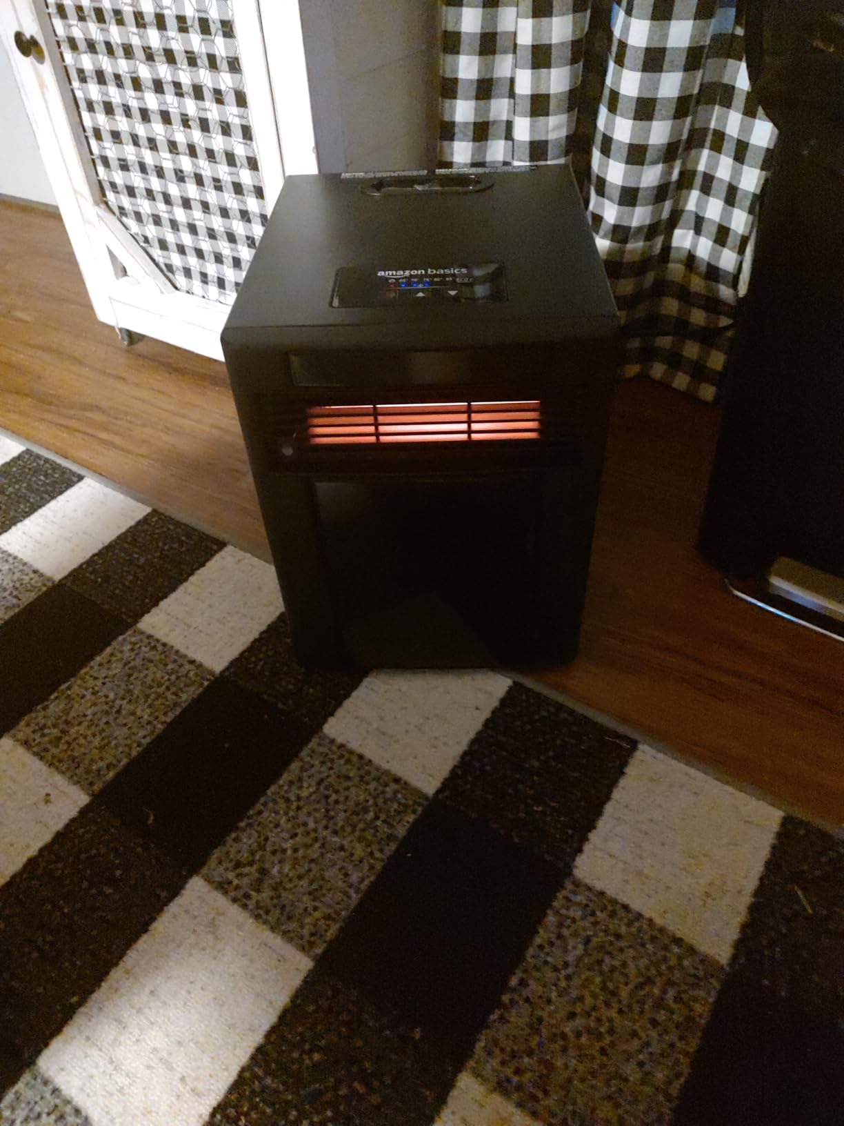 Amazon Basics Portable Space Heater with Remote Control, Adjustable Thermostat, Indoor Use, Energy-Saving Setting, LED Display, Classic Wood Casing, 1500W, 12