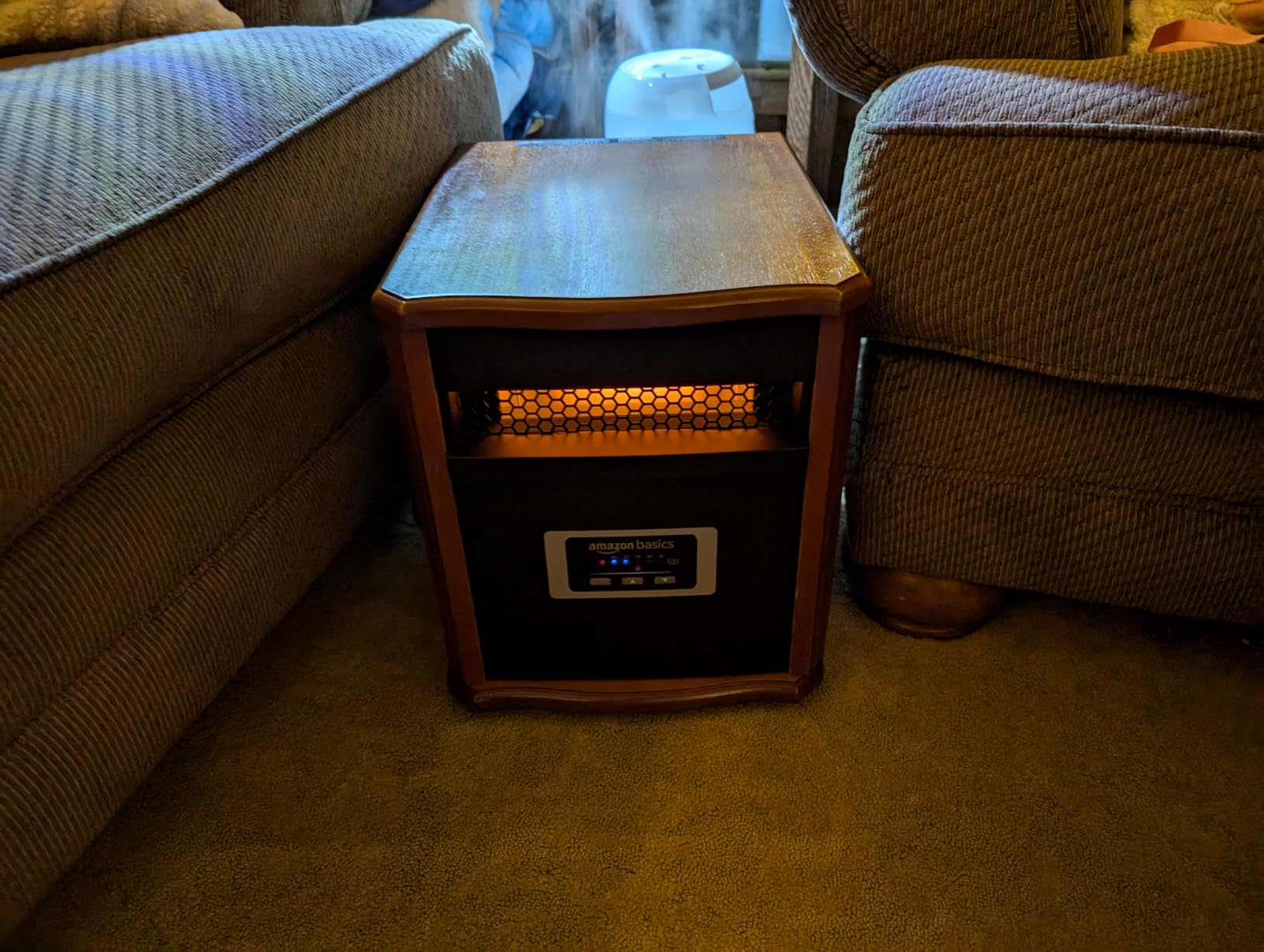 Amazon Basics Portable Space Heater with Remote Control, Adjustable Thermostat, Indoor Use, Energy-Saving Setting, LED Display, Classic Wood Casing, 1500W, 12