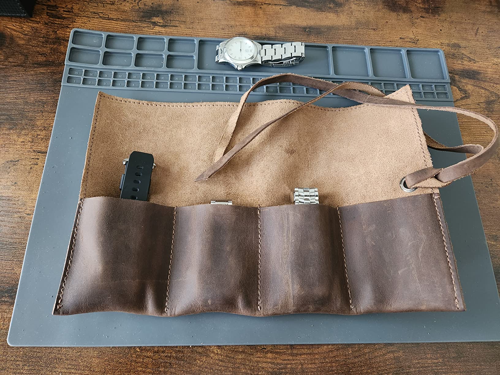 Hide & Drink, Leather Watch Roll Organizer Handmade from Full Grain Leather, Holds Up to 4 Watches, Easy Carry On Watchlover Storage (Bourbon Brown) customer photo 2