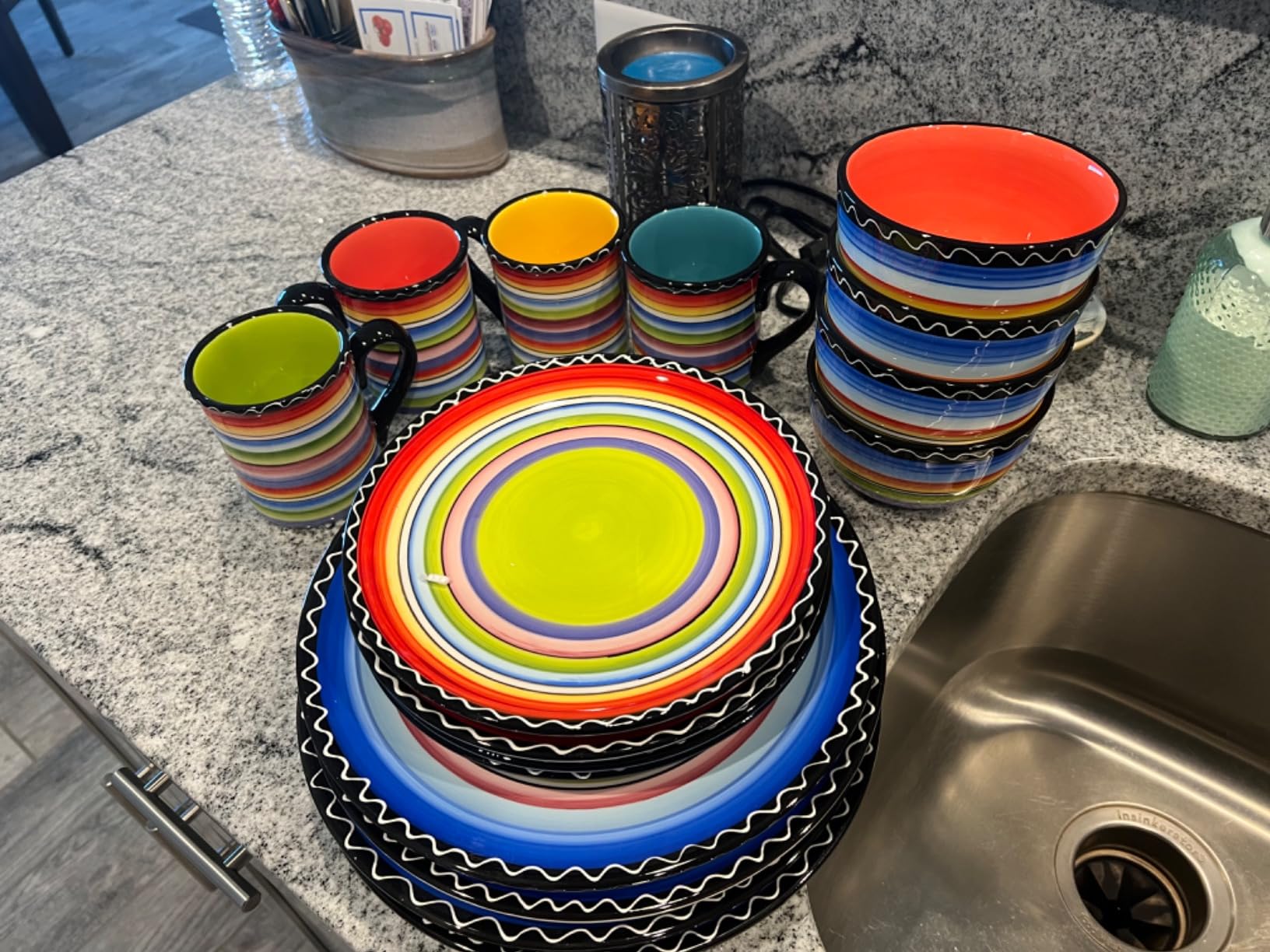 Tequila Sunrise 16-Piece Boho Ceramic Dinnerware Set - Vibrant Multicolor Plates, Bowls & Mugs for 4 - Fiesta-Inspired Tableware customer photo 1
