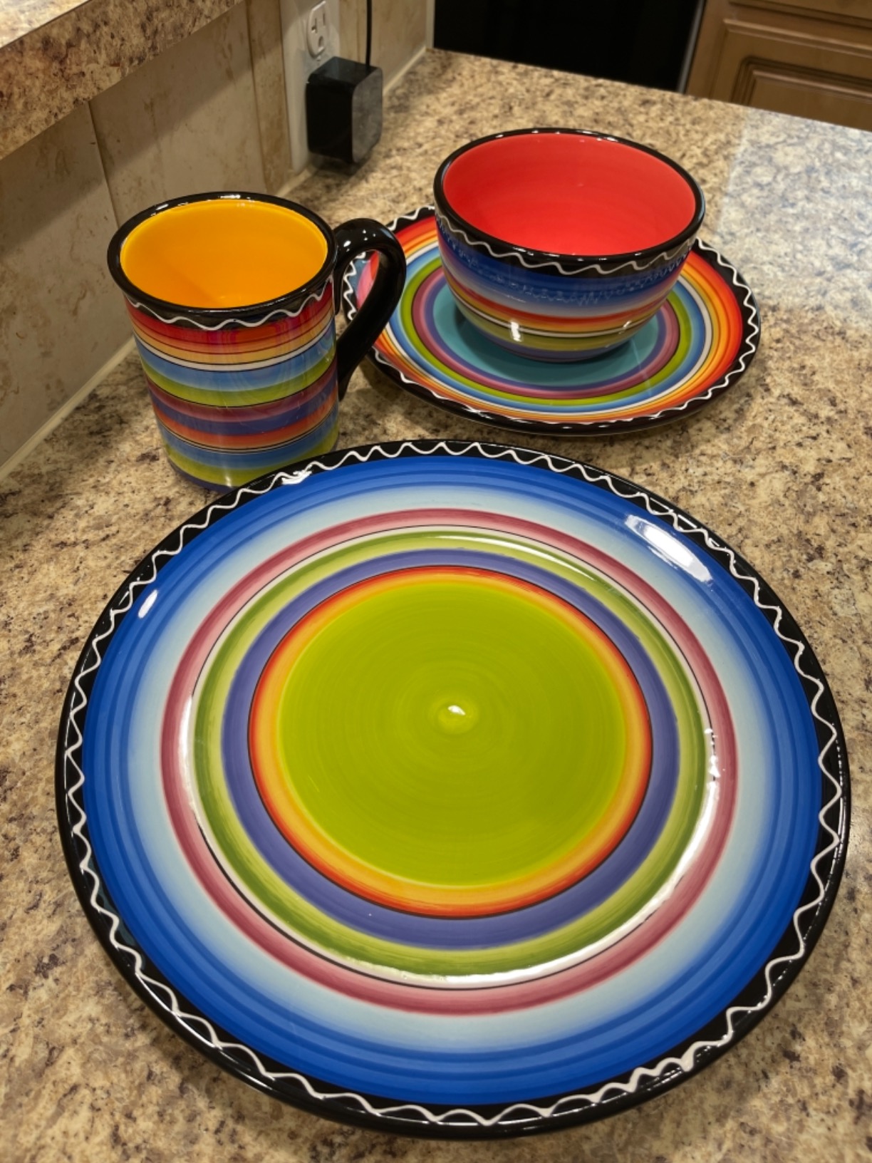 Tequila Sunrise 16-Piece Boho Ceramic Dinnerware Set - Vibrant Multicolor Plates, Bowls & Mugs for 4 - Fiesta-Inspired Tableware customer photo 2