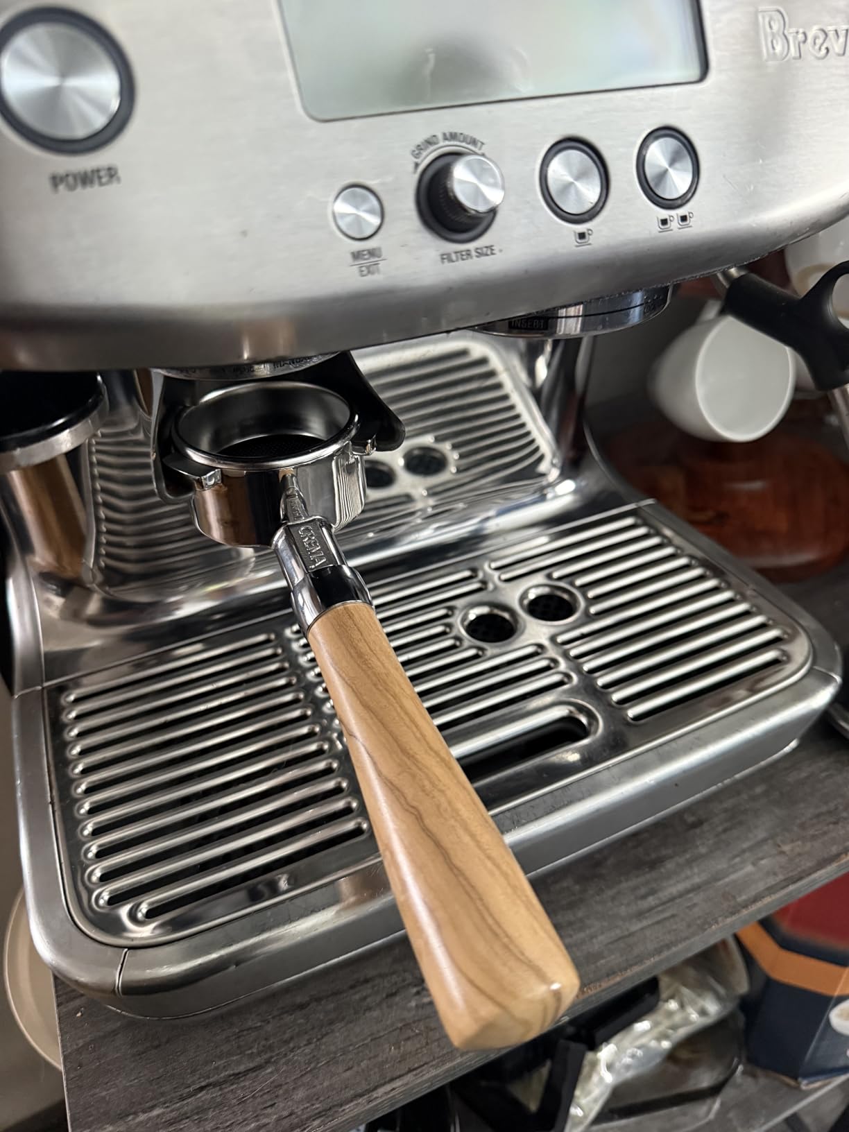 CREMA Coffee Products 54mm Bottomless Naked Portafilter | Compatible with 54mm Breville Machines | Includes Double Shot Filter Basket | Sandalwood customer photo 1