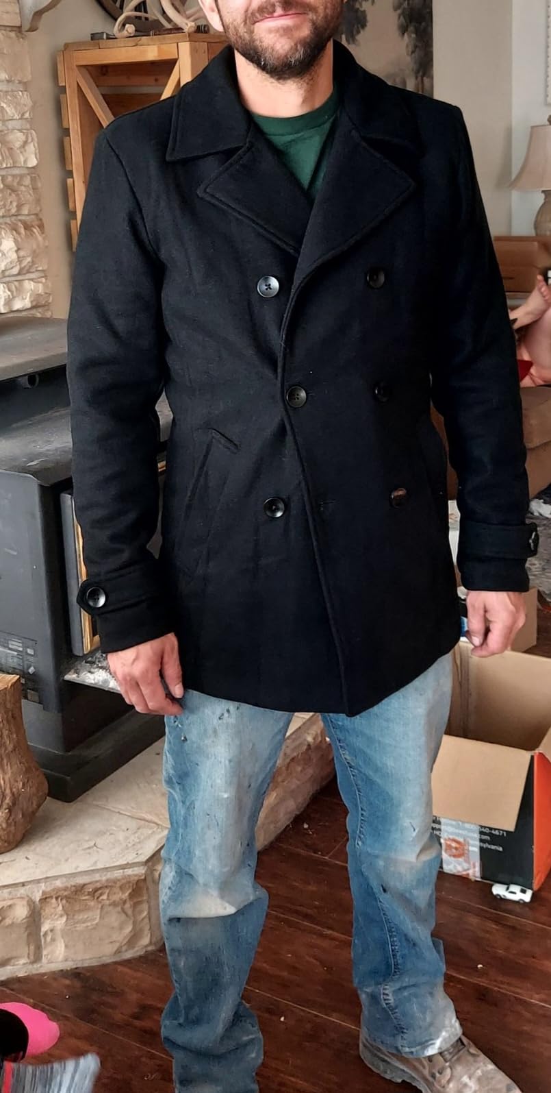 Mens Classic Double Breasted Pea Coat Wool Blend Quilted Lined Notched Collar Overcoat Trench Coat customer photo 1