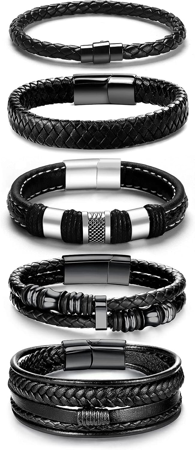 Black Leather Bracelets for Men Women 5pcs Mens Bracelet Leather and Steel Braided Cuff Bracelets customer photo 1