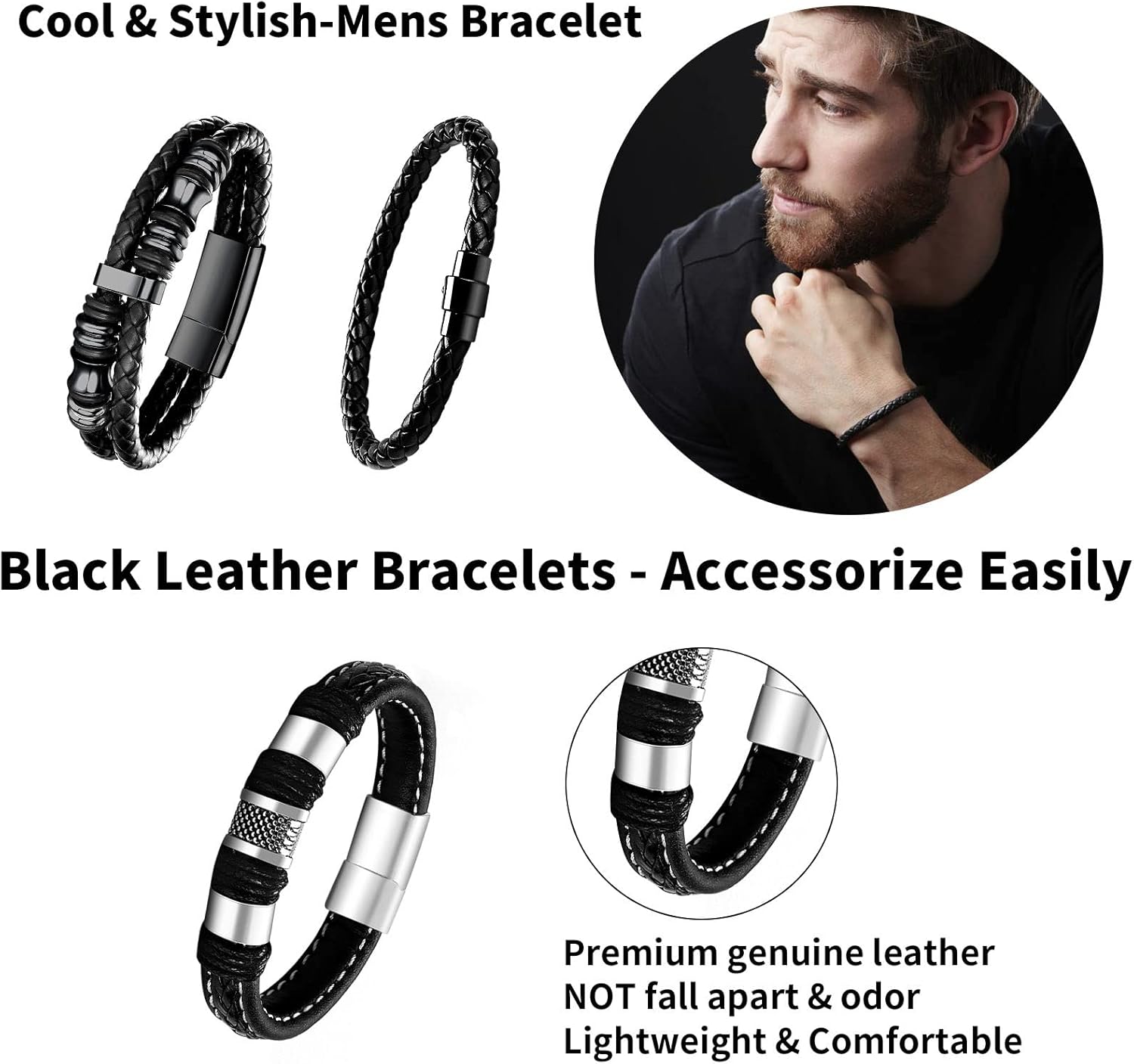 Black Leather Bracelets for Men Women 5pcs Mens Bracelet Leather and Steel Braided Cuff Bracelets customer photo 2