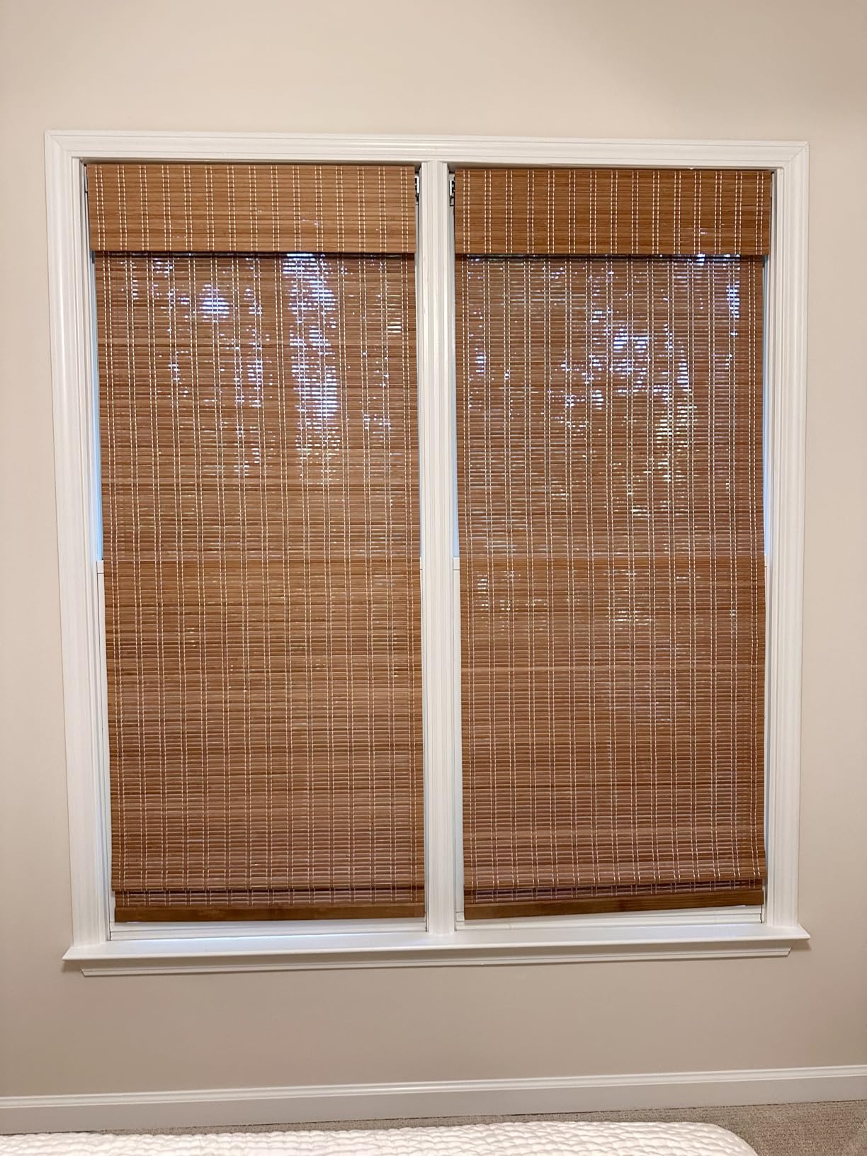 LazBlinds No Tools No Drill Cordless Bamboo Roman Shades, Light Filtering Window Treatment, Roll Up Bamboo Blinds for Windows 34'' W x 64'' H, Brown customer photo 2