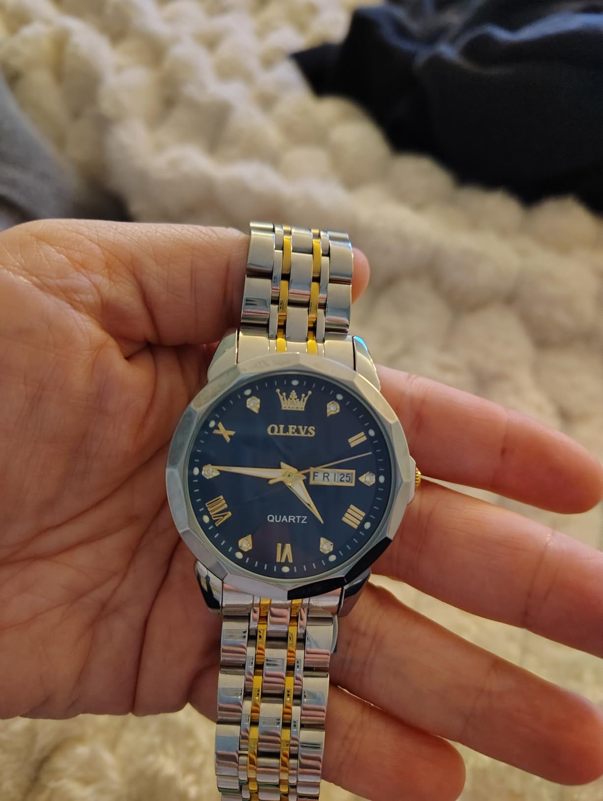 Watch for Men Diamond Business Dress Analog Quartz Stainless Steel Waterproof Luminous Date Two Tone Luxury Casual Wrist Watch Blue customer photo 1