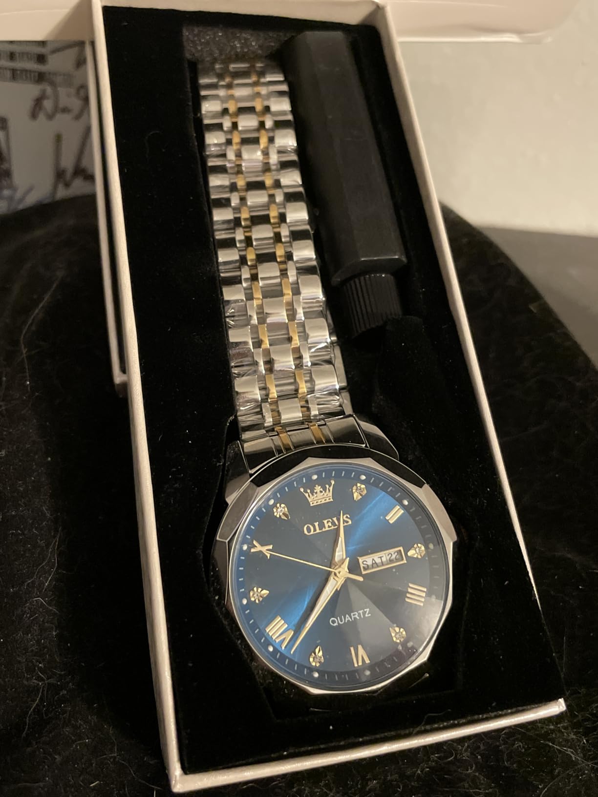 Watch for Men Diamond Business Dress Analog Quartz Stainless Steel Waterproof Luminous Date Two Tone Luxury Casual Wrist Watch Blue customer photo 2