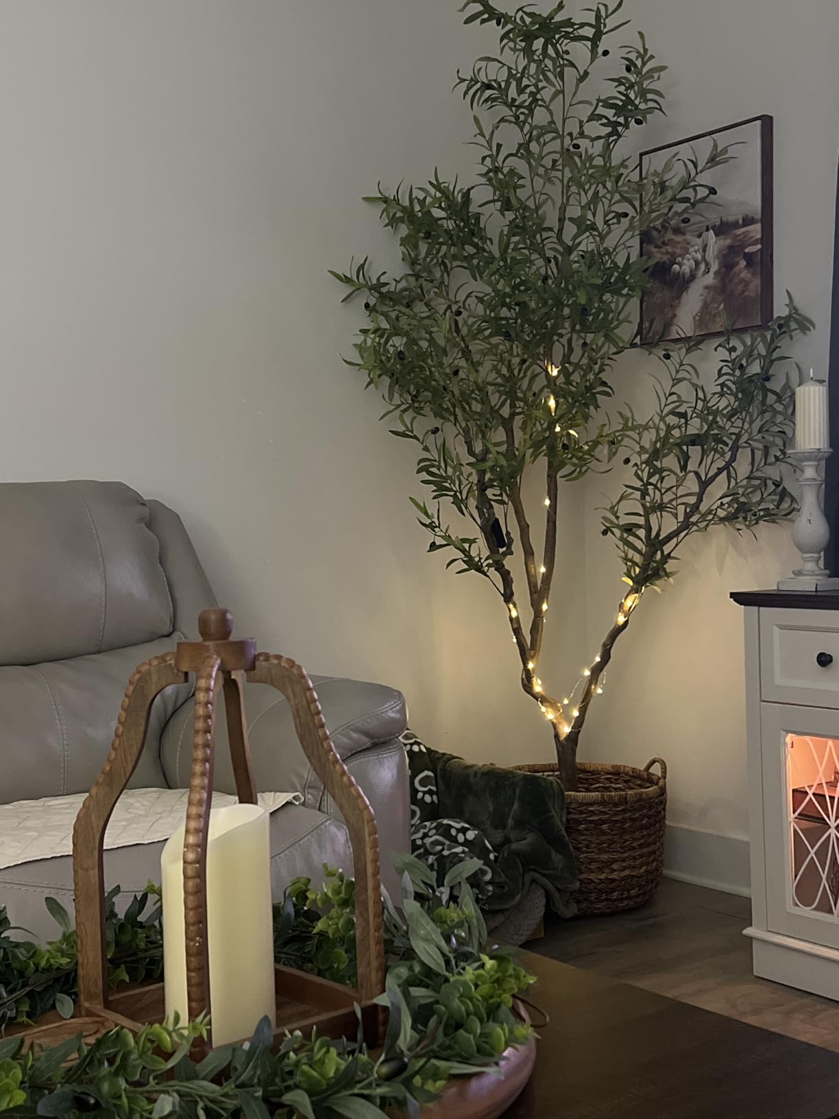 FEELEAD 7ft Faux Olive Tree - Fake Potted Olive Silk Tree with Planter Natural Olive Branches and Realistic Leaves Artificial Tree for Home House Office Decor Indoor customer photo 2