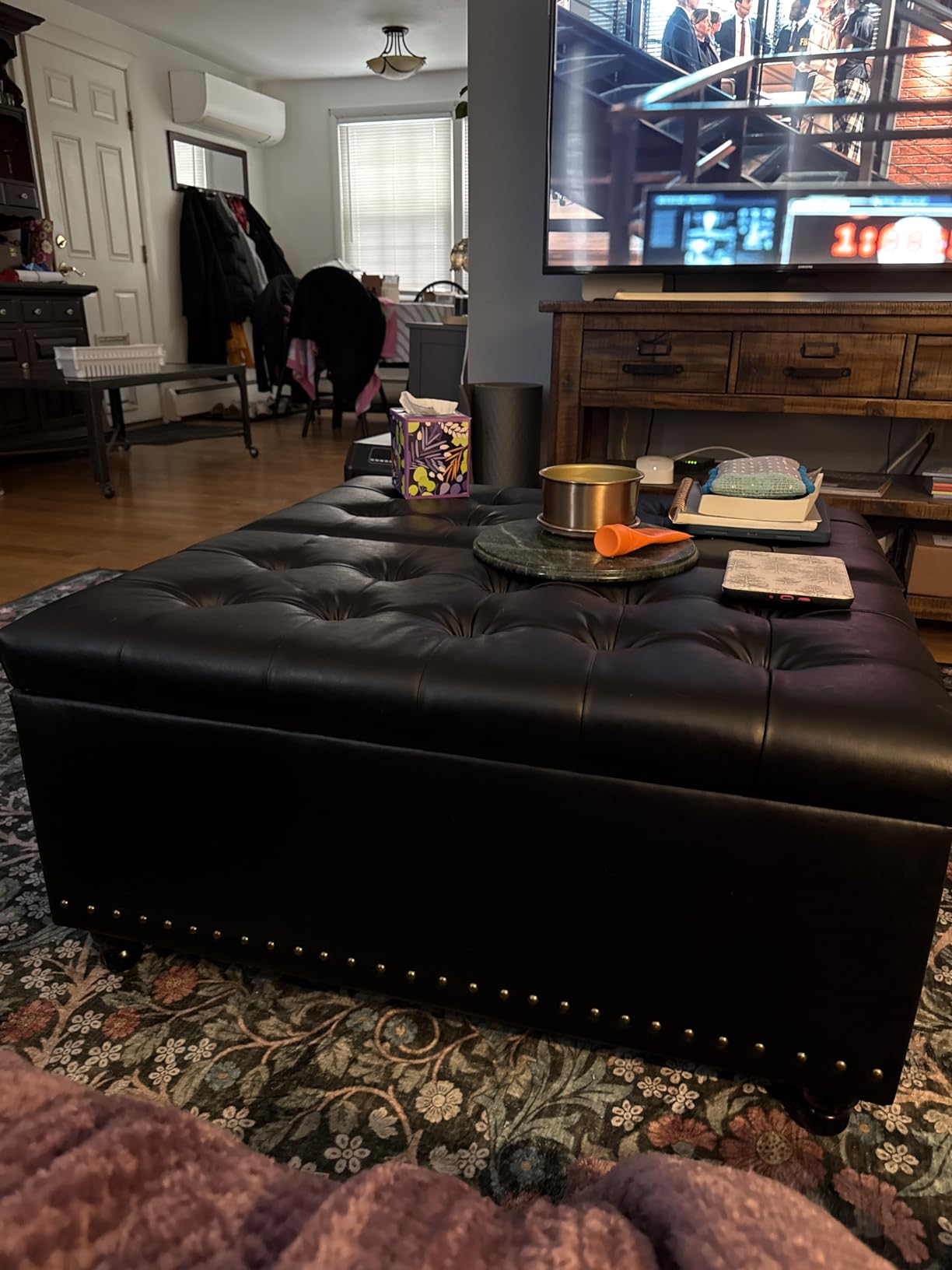 Tbfit Large Square Storage Ottoman Bench, Tufted Upholstered Coffee Table with Lift Top & Solid Wood Legs, Oversized Storage Ottomans Toy Box for Living Room (Beige) customer photo 2