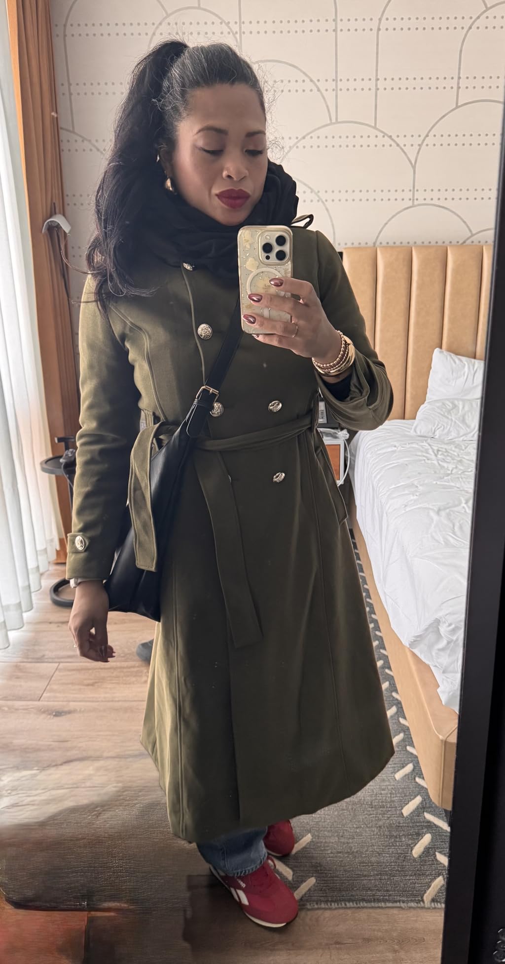 Womens Long Double-Breasted Hooded Coat Winter Warm Wool Trench Coat with Belts customer photo 2