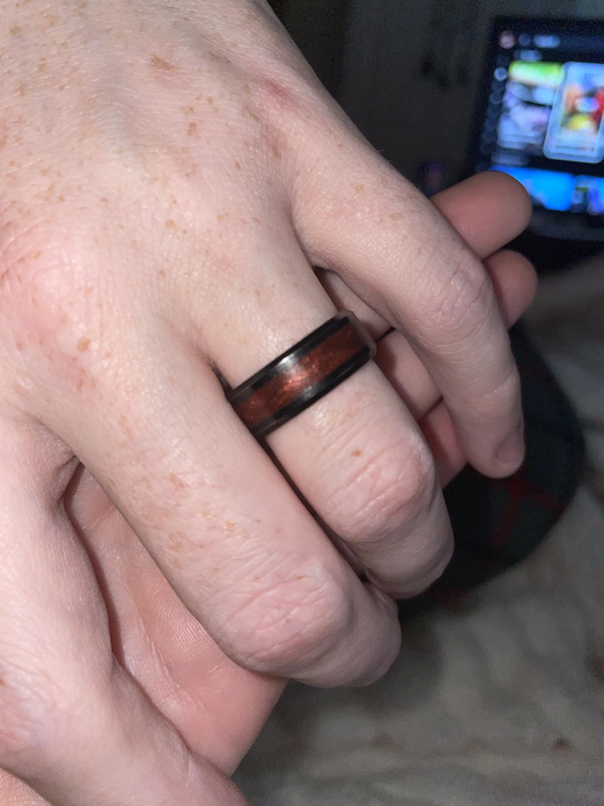 King Will Mens Tungsten Wedding Band, 6mm/8mm Galaxy Style Sandstone Opal Inlay Polished Beveled Edge Unique Rings for Men Women, Comfort Fit, Durable customer photo 1