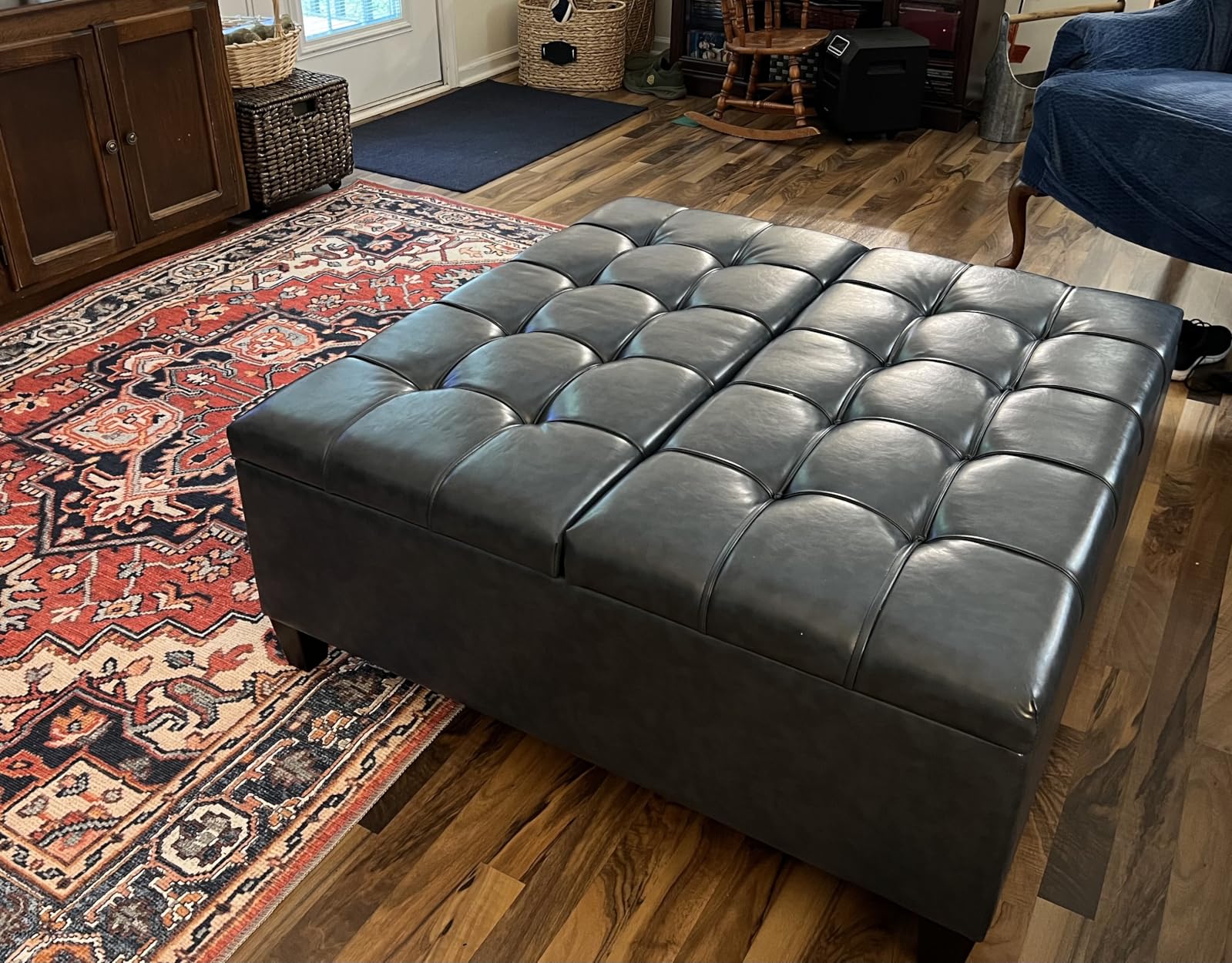SIMPLIHOME Harrison Large Coffee Table Storage Ottoman - 40 inch Wide Upholstered Vegan Leather Square Lift-Top Ottoman in Distressed Saddle Brown customer photo 1