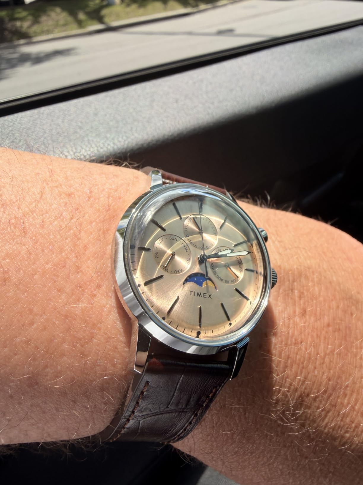 Timex Men's Marlin Moon Phase 40mm Watch - Brown Strap Rose Gold-Tone Dial Stainless Steel Case customer photo 1