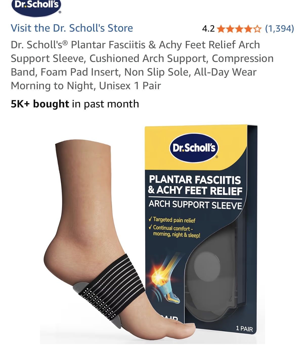 Dr. Scholl's Plantar Fasciitis & Achy Feet Relief Arch Support Sleeve, Cushioned Arch Support, Compression Band, Foam Pad Insert, Non Slip Sole, All-Day Wear Morning to Night, Unisex 1 Pair customer photo 1