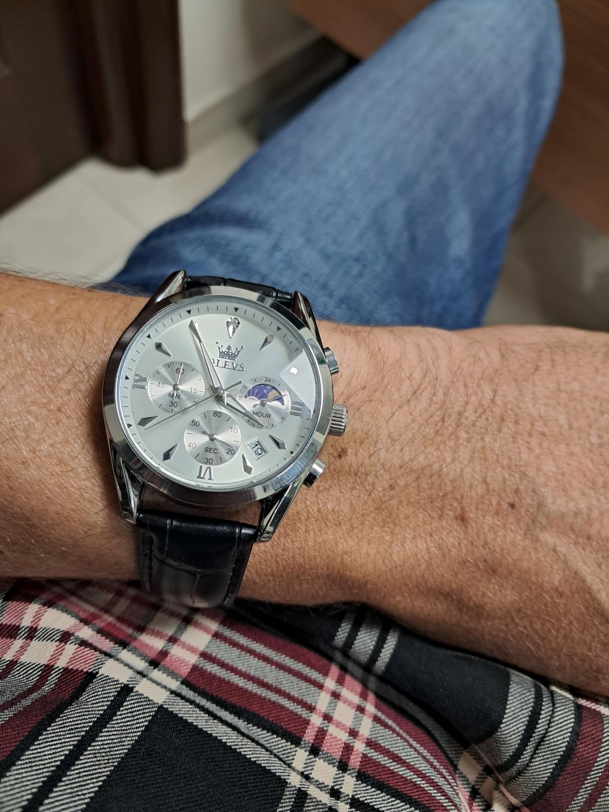 OLEVS Men's Leather Analog Quartz Watch - Luxury Chronograph Wristwatch with Date, Waterproof, Luminous - Dress Style customer photo 1
