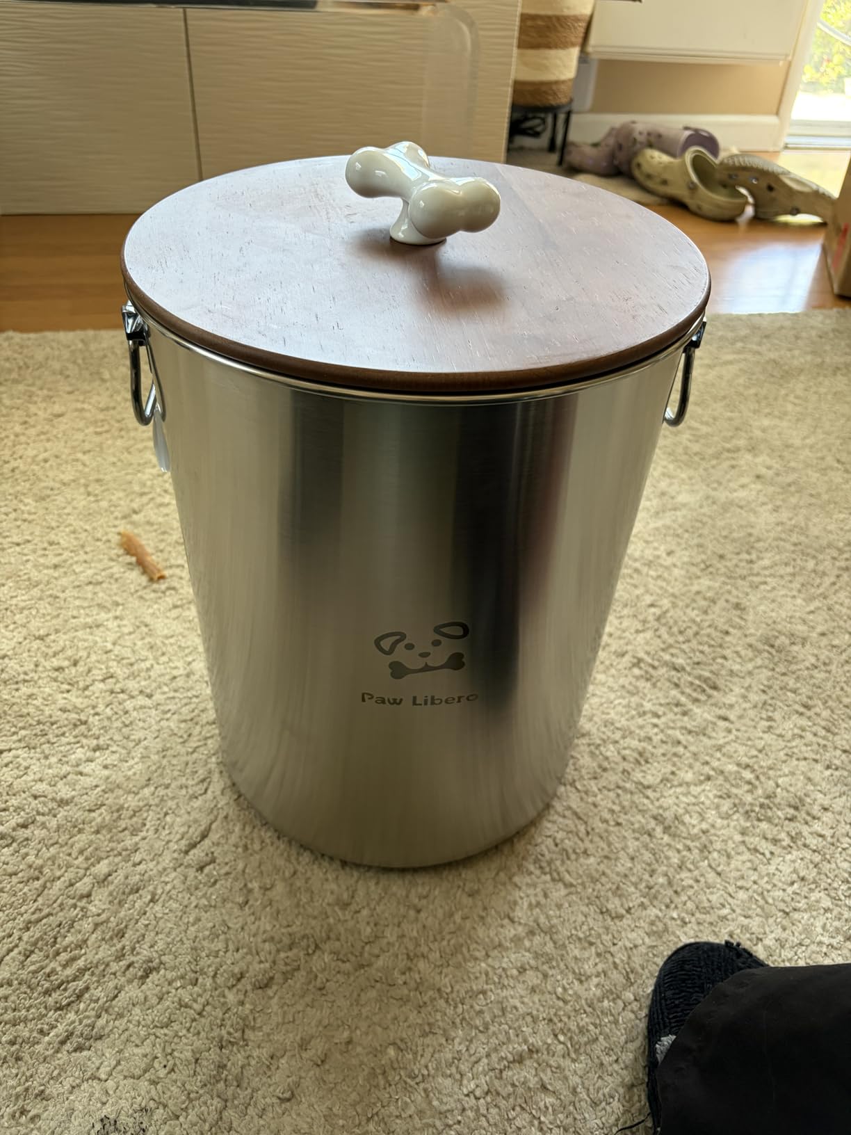 Paw Libero 25 Lbs Stainless Steel Dog Food Storage Container with Airtight Wooden Lid & Ceramic Bone Handle, Large Metal Dog Food Bin for Dogs & Cats, Keep Fresh, Easy to Clean customer photo 1