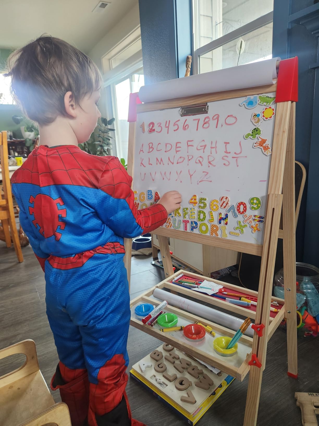 Adjustable Wooden Art Easel for Kids,Double Sided Chalkboard & Whiteboard | Drawing & Painting Station with 114+ Art Supplies,Height Adjustable Magnetic Board for Toddlers Ages 3-12,2 Paper Rolls customer photo 2