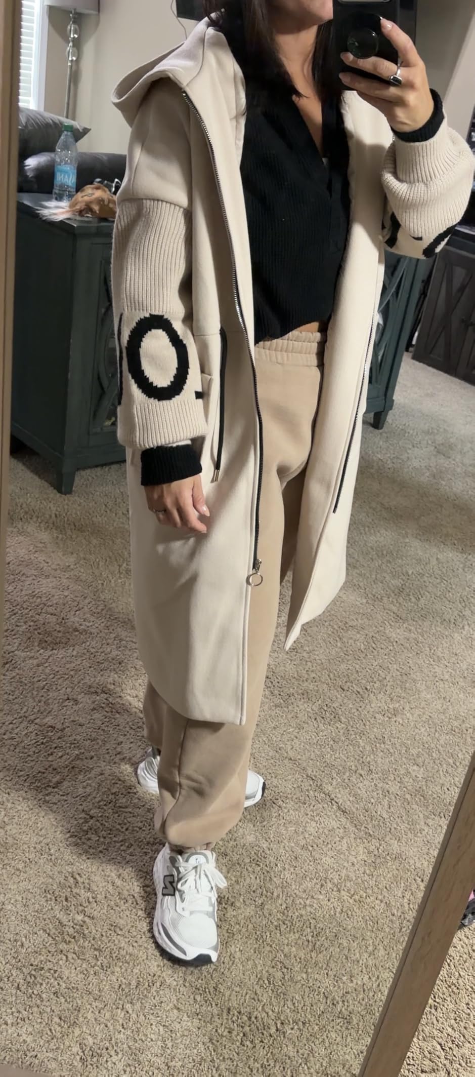 Women's Casual Knitted Sleeve Wool Trench Coat Zip Up Hooded Wool Blend Overcoat with Pockets customer photo 1