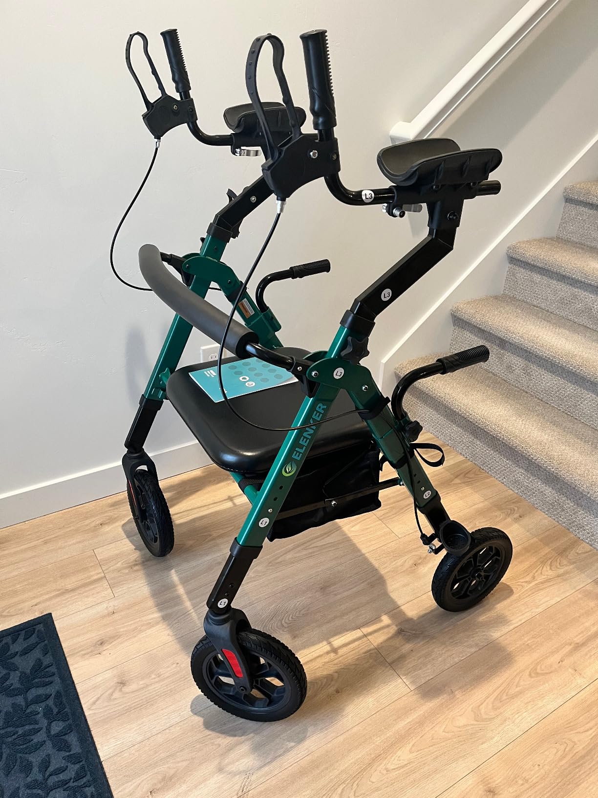 ELENKER All Terrain Heavy Duty Upright Rollator Walker for Seniors, Green | Extra Wide Padded Seat, 10