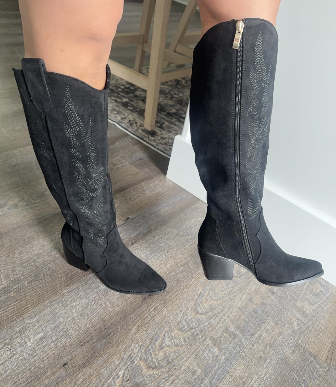 DREAM PAIRS Womens Cowboy Boots Wide Calf Comfortable Pull On Zipper Chunky Heel Pointed Toe Embroidered Western Cowgirl Knee High Boots Ladies Retro Tall Boot customer photo 2