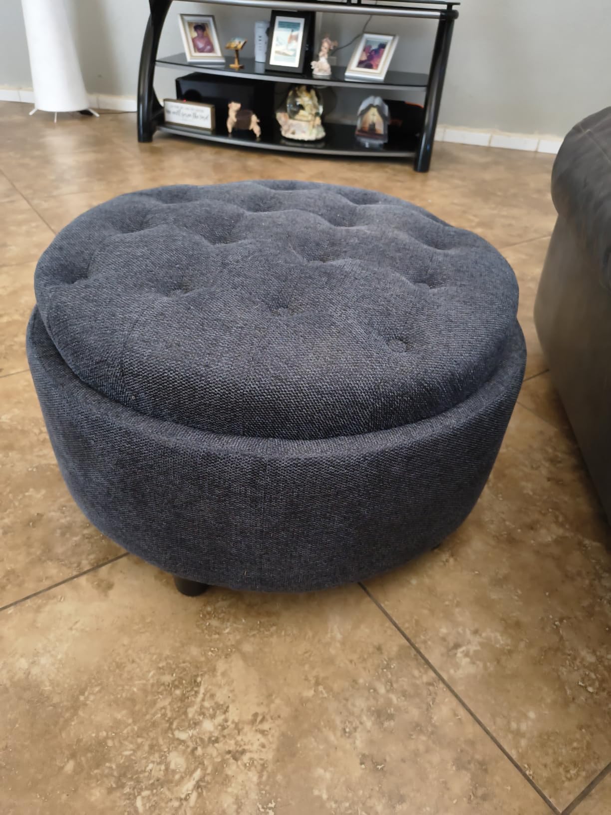 COLAMY Fabric Round Storage Ottoman with Reversible Tray Lid - Multi-Functional Footrest, Hidden Storage, Sturdy & Stylish Small Coffee Table for Living Room, Bedroom, or Entryway (Beige) customer photo 1