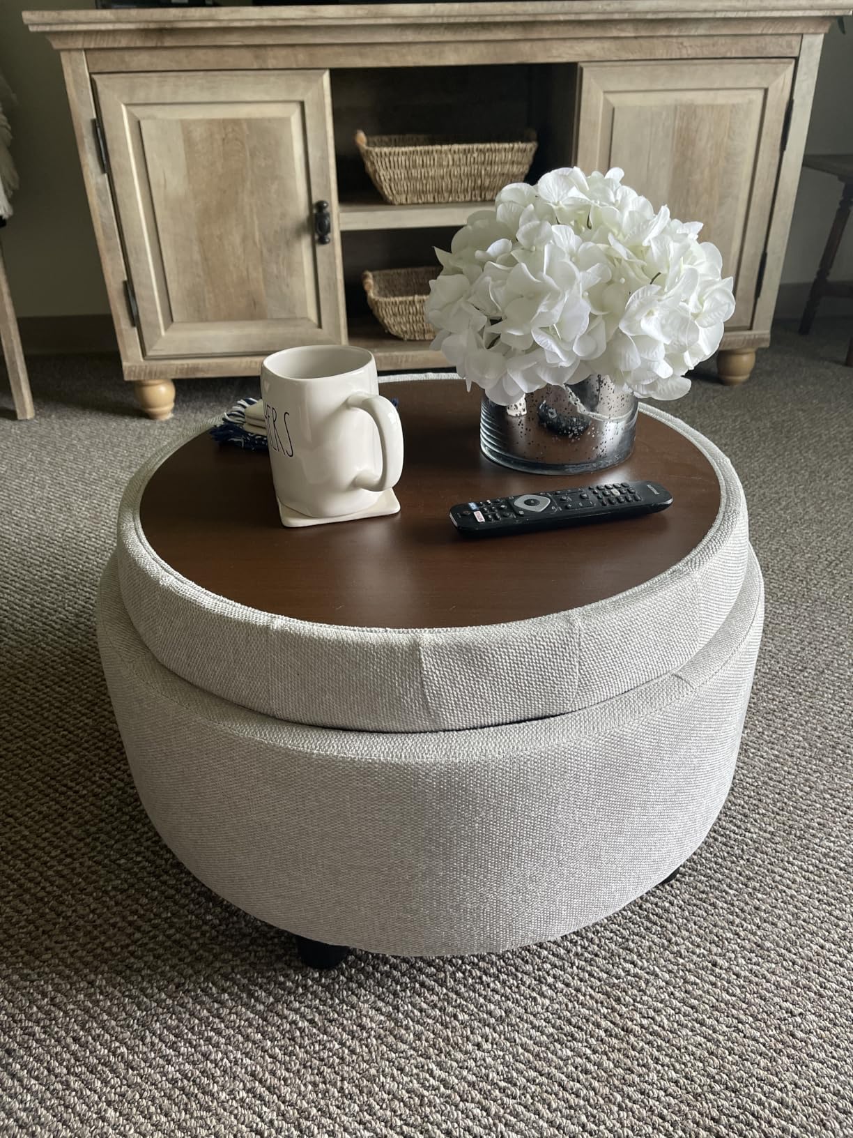 COLAMY Fabric Round Storage Ottoman with Reversible Tray Lid - Multi-Functional Footrest, Hidden Storage, Sturdy & Stylish Small Coffee Table for Living Room, Bedroom, or Entryway (Beige) customer photo 2