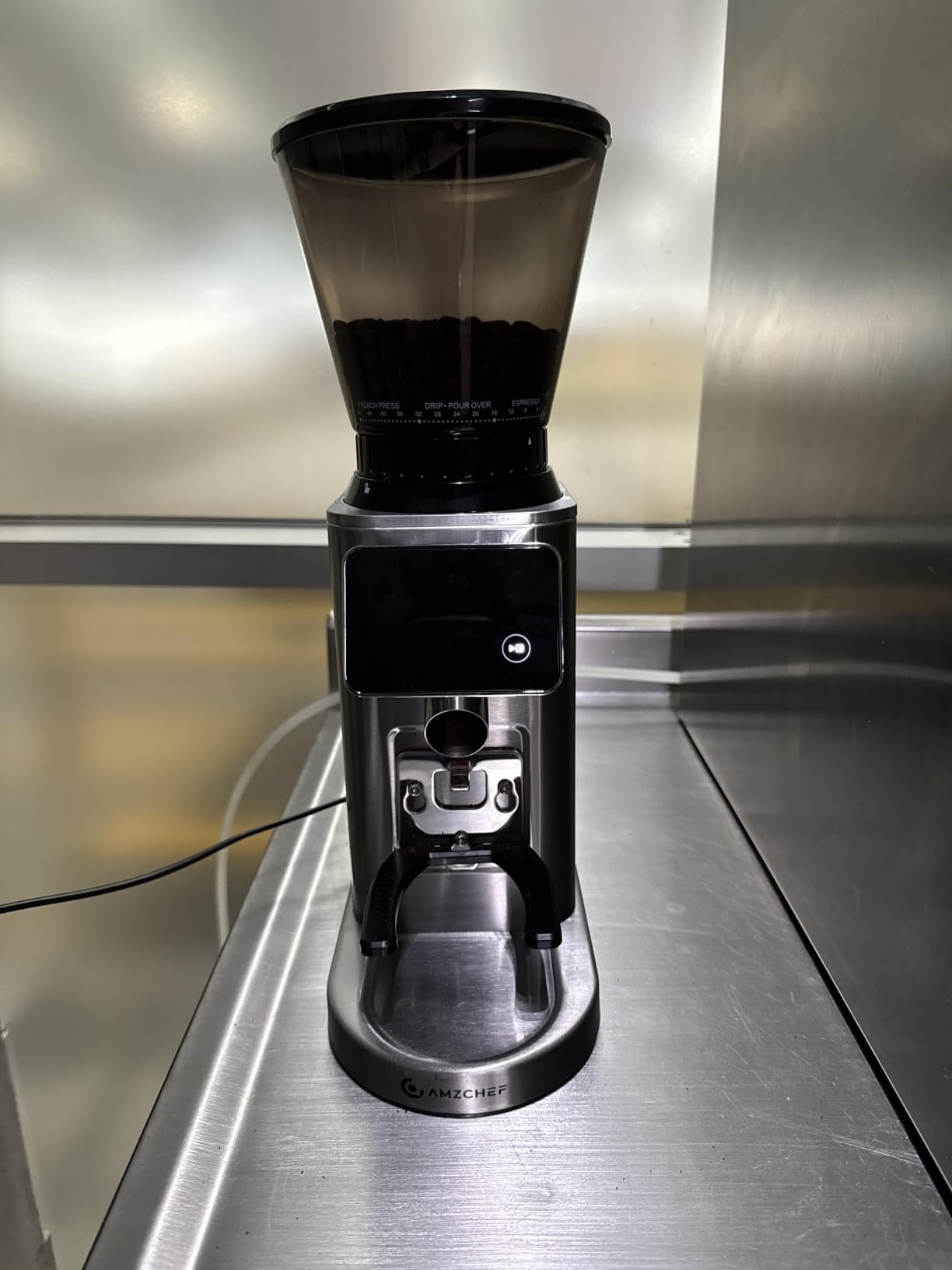AMZCHEF Conical Burr Coffee Grinder, Anti-Static Burr Mill with Precision Timer & LED Touchscreen, 48 Grind Settings, for Espresso, Drip, Pour Over, Cold Brew & French Press, Metallic Silver customer photo 2