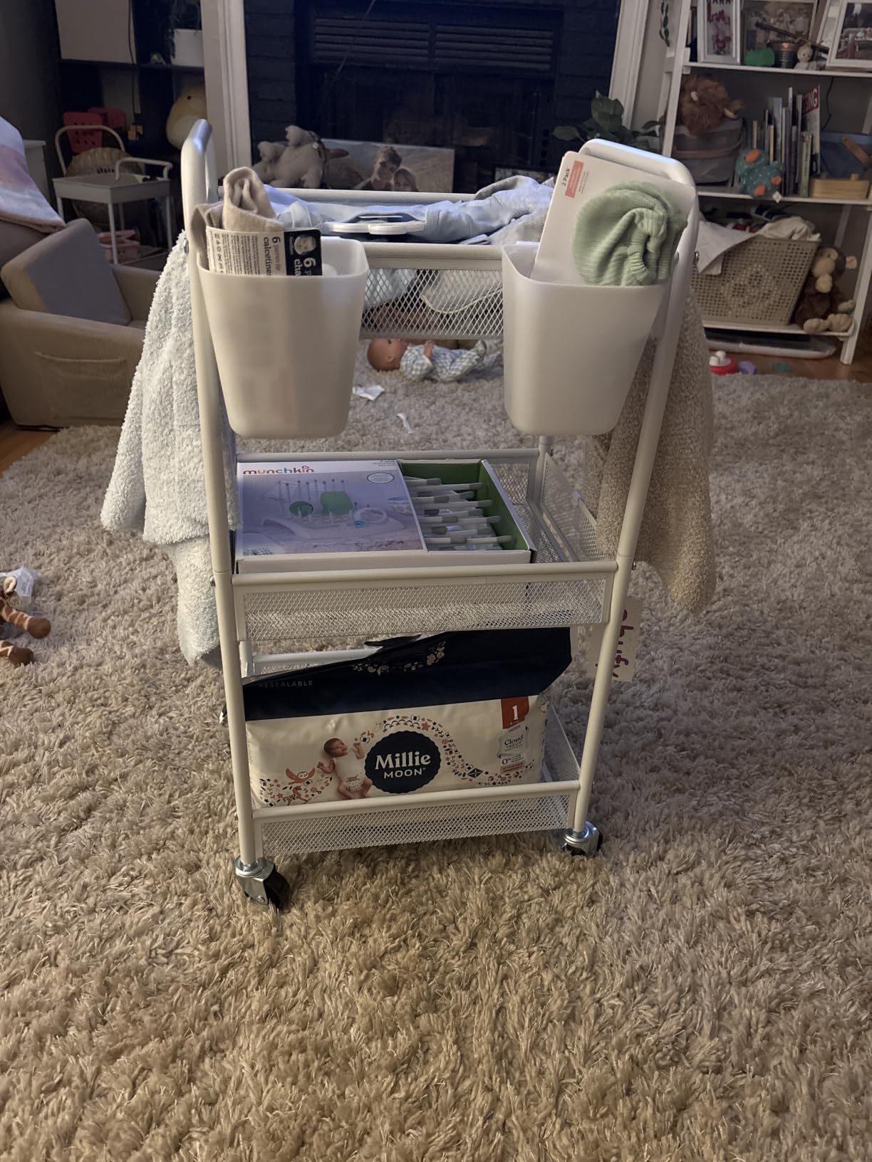 YASONIC 3 Tier Rolling Cart - Metal Utility Storage Carts with Wheels, Craft Carts Organizer with Hanging Cups, Hooks, Mesh Basket for Bedside Kitchen Office Art, Green customer photo 1