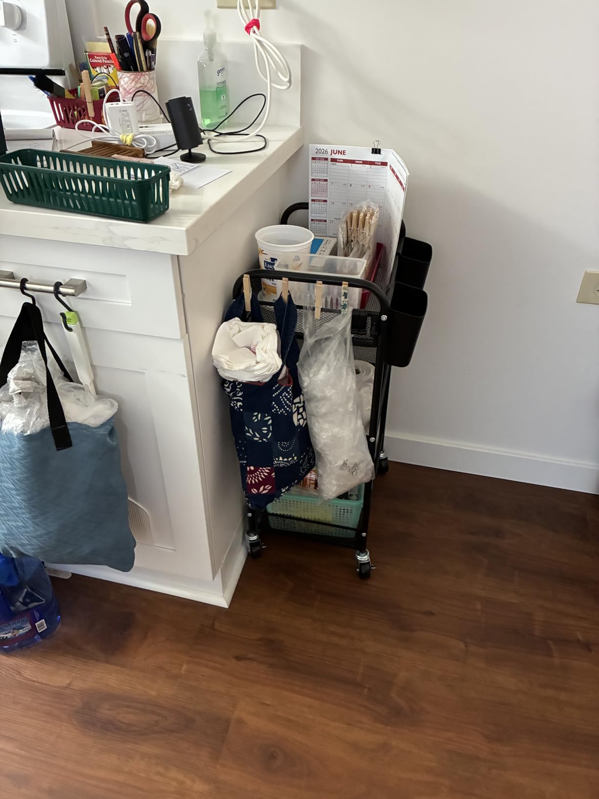 YASONIC 3 Tier Rolling Cart - Metal Utility Storage Carts with Wheels, Craft Carts Organizer with Hanging Cups, Hooks, Mesh Basket for Bedside Kitchen Office Art, Green customer photo 2