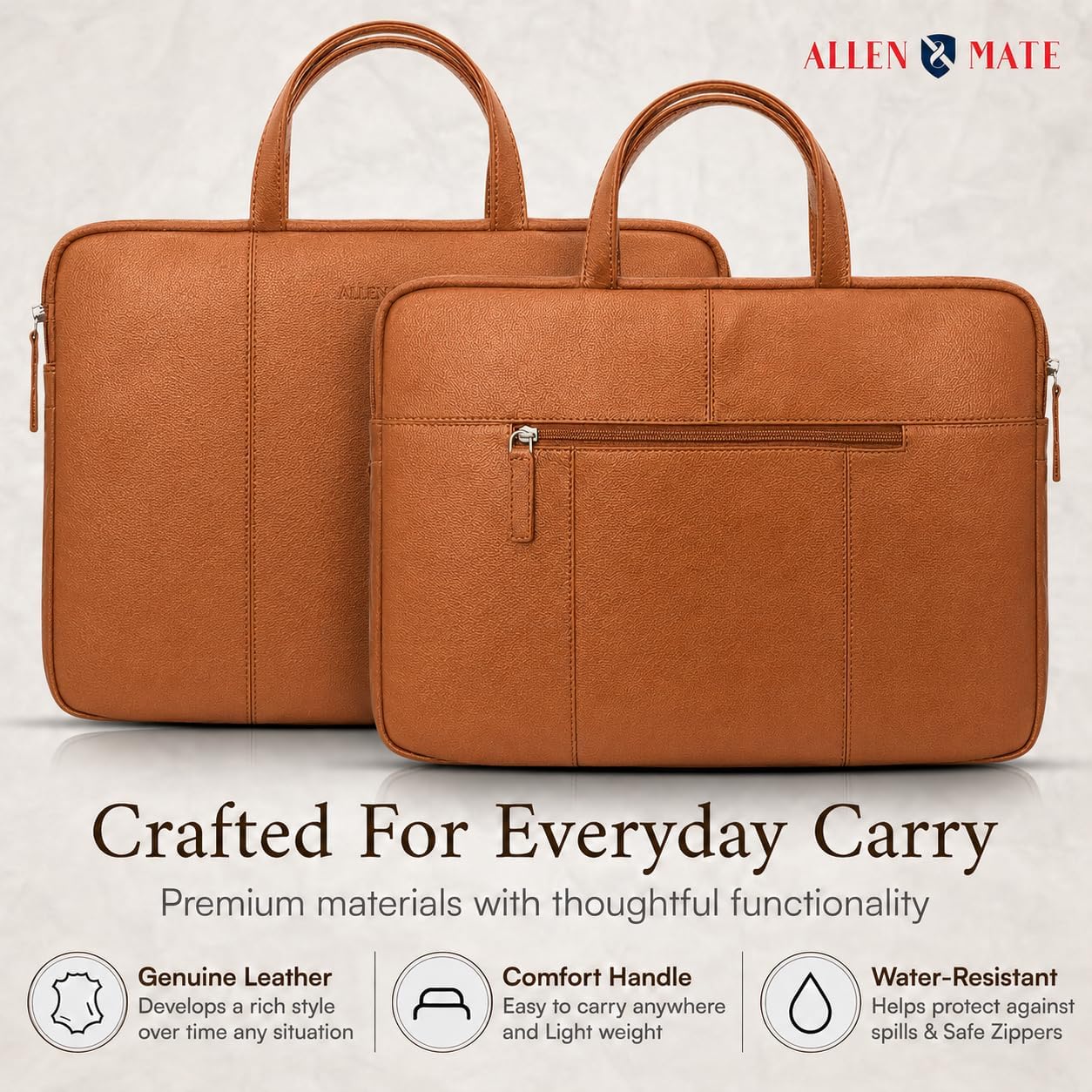 ALLEN & MATE 100% Cowhide Leather Laptop Case 15 Inch Laptop Sleeve fits MacBook Air/Pro 15